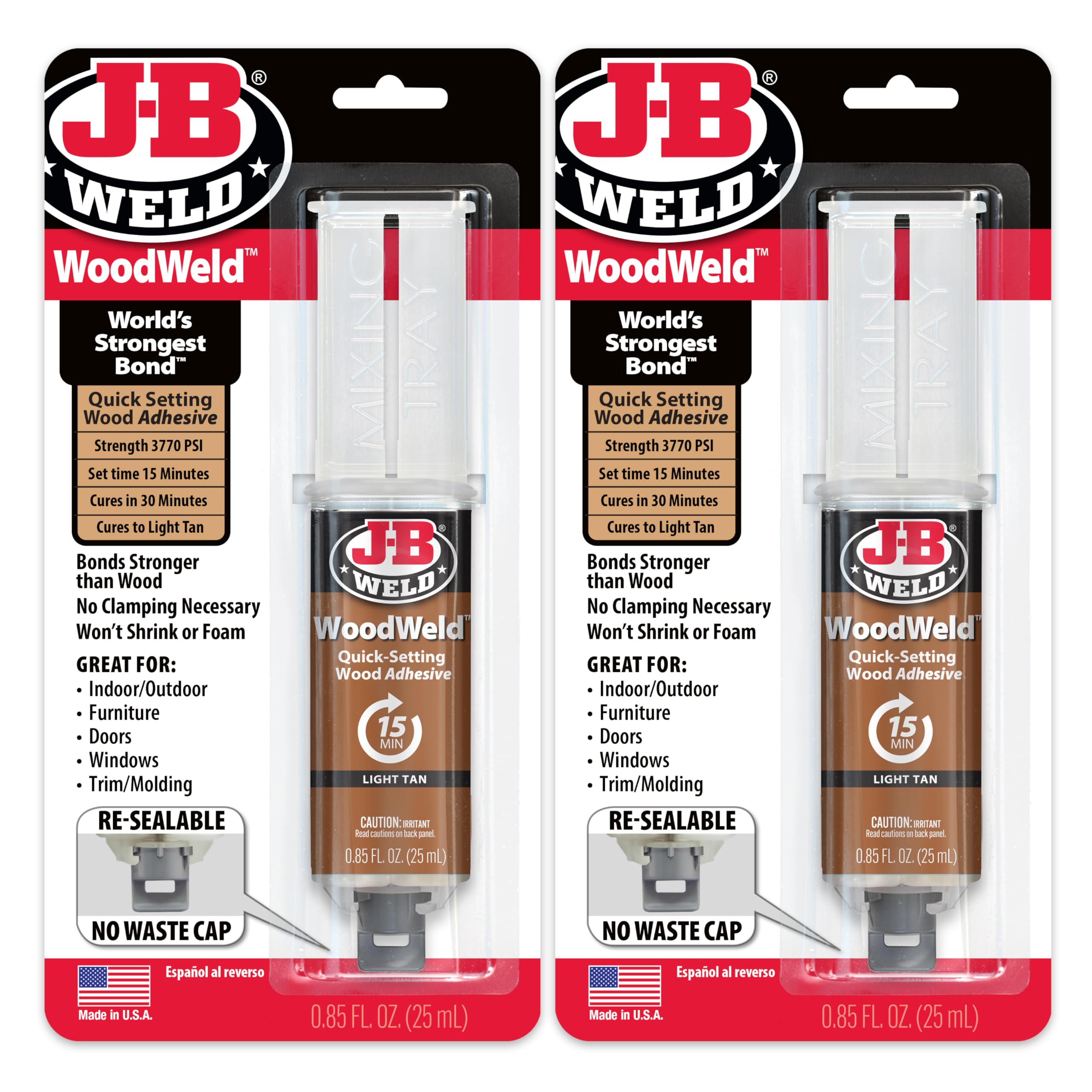 J-B Weld WoodWeld Syringe, Light Tan, 25ml 2 Pack