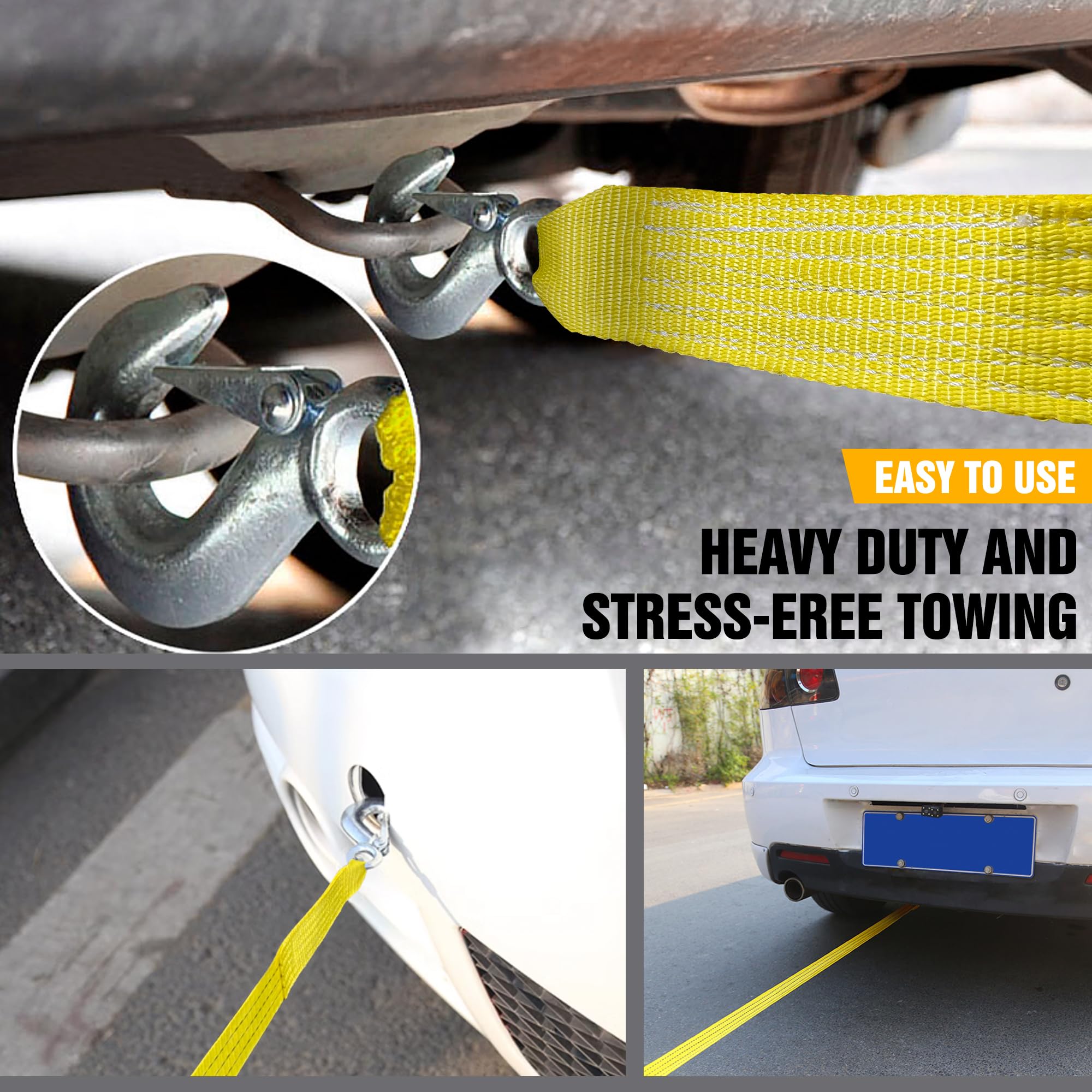 Digank Tow Strap with Hooks 2   x20 15,000 LBS, Tow Rope Metal Safety Hooks, Car Heavy Duty Recovery Rope for Trailers, Securing