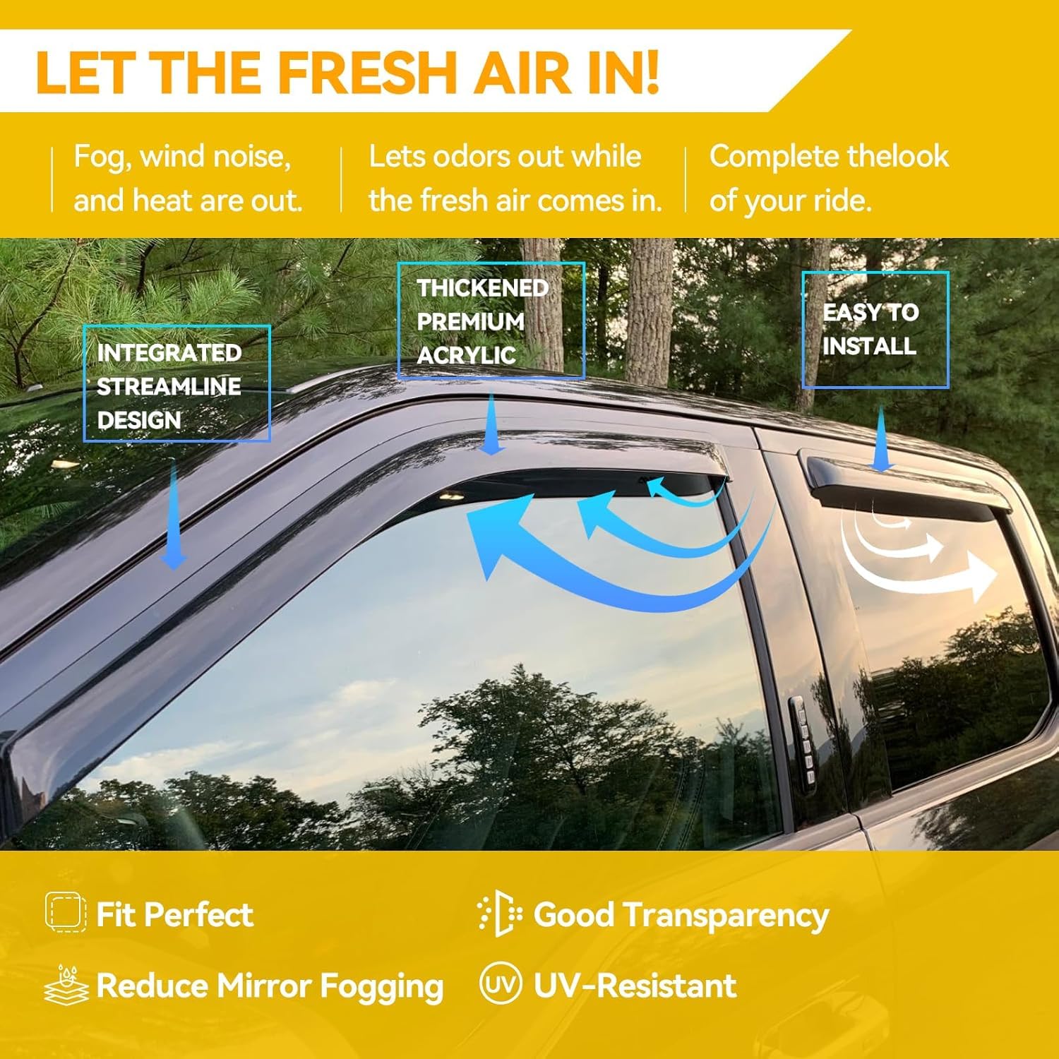 CMVT Auto Rain Guards for 2021-2024 Hyundai Elantra, Out-Channel Window Visor Shields, Dark Smoke, 4PCS, Tape-On Outside-Mount