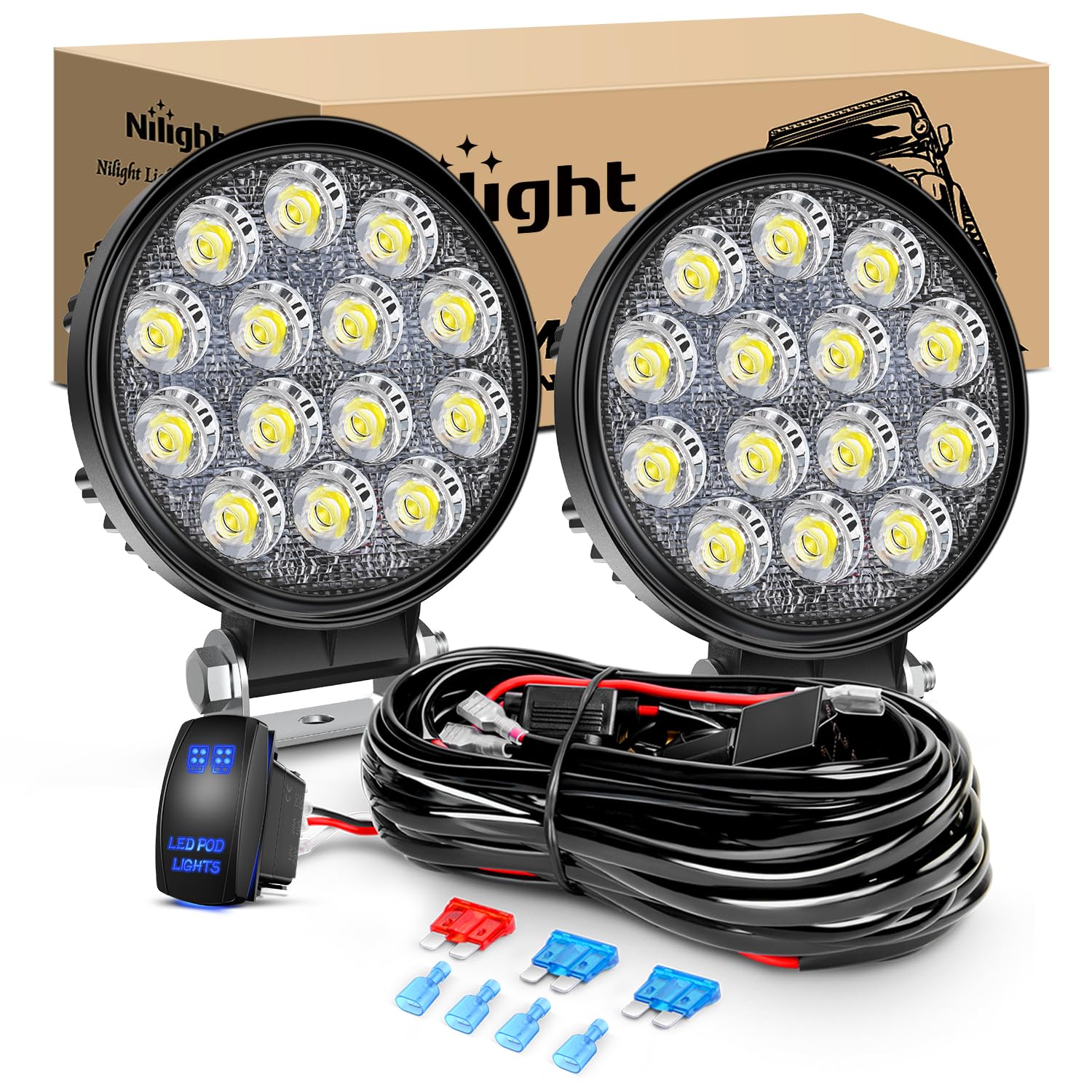 Nilight 2Pcs 4.5Inch Led Pods 42W 4200Lm Round Flood Light Off Road Lights Fog Lights 12V 5Pin Rocker Switch Wiring Harness Kit-