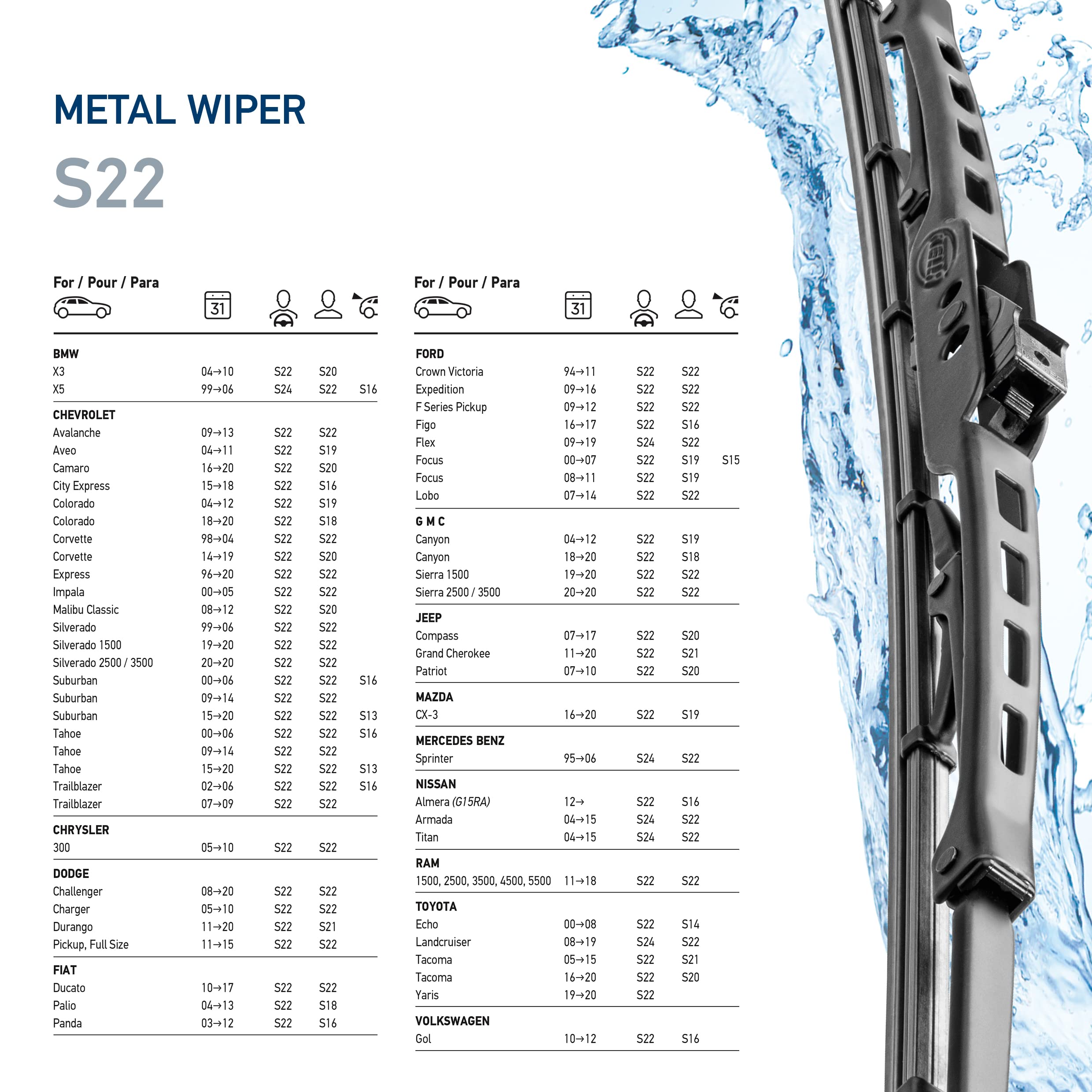 Hella Oe Quality 22 Inch All Seasons Streak-Free Rubber Standard Wiper Blade (Single Blade) Fits Select Bmw Chevrolet Chrysler D