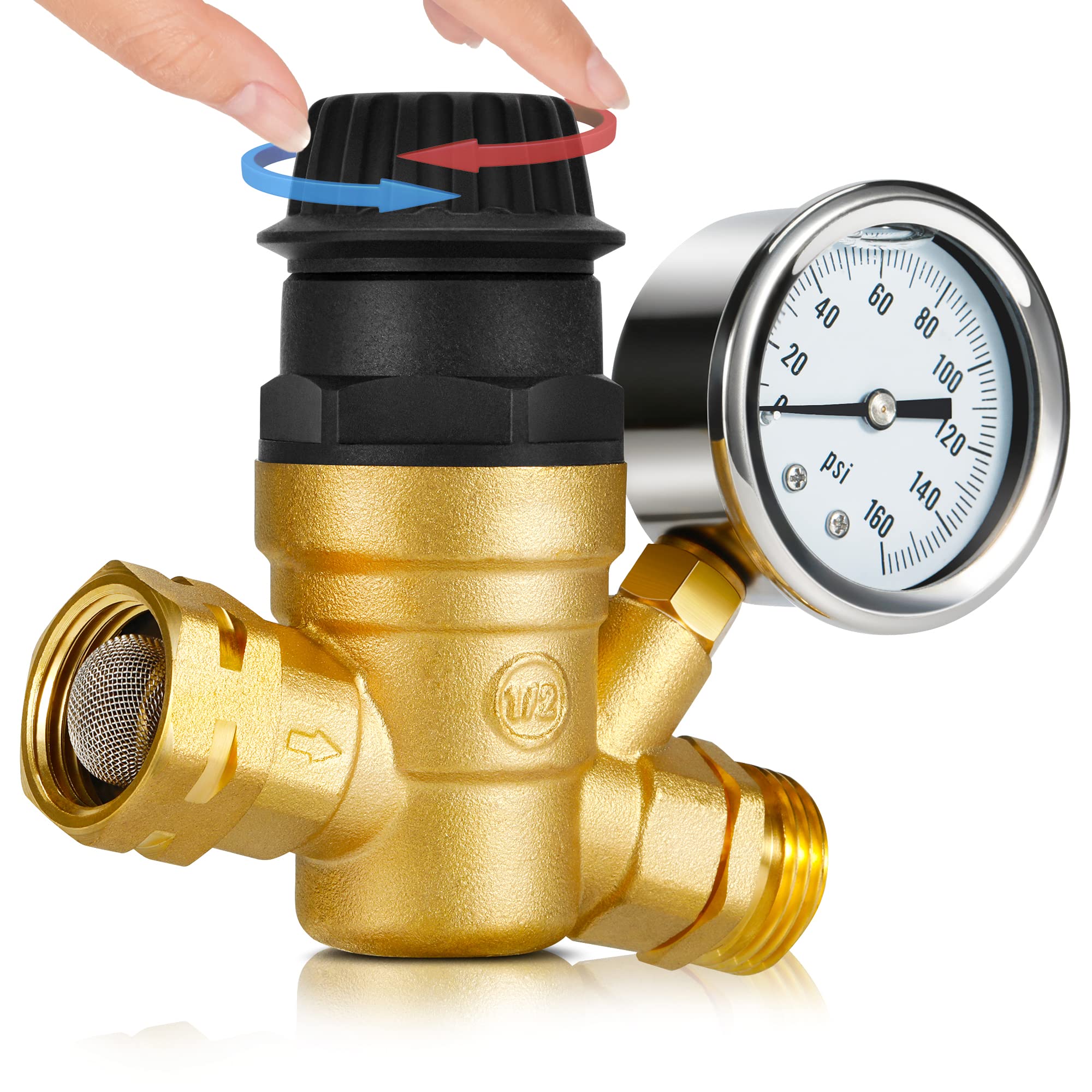 Kohree Rv Water Pressure Regulator For Rv Camper, Adjustable Handle Brass Lead-Free Reducer Valve Rv Water Pressure Regulator Wi