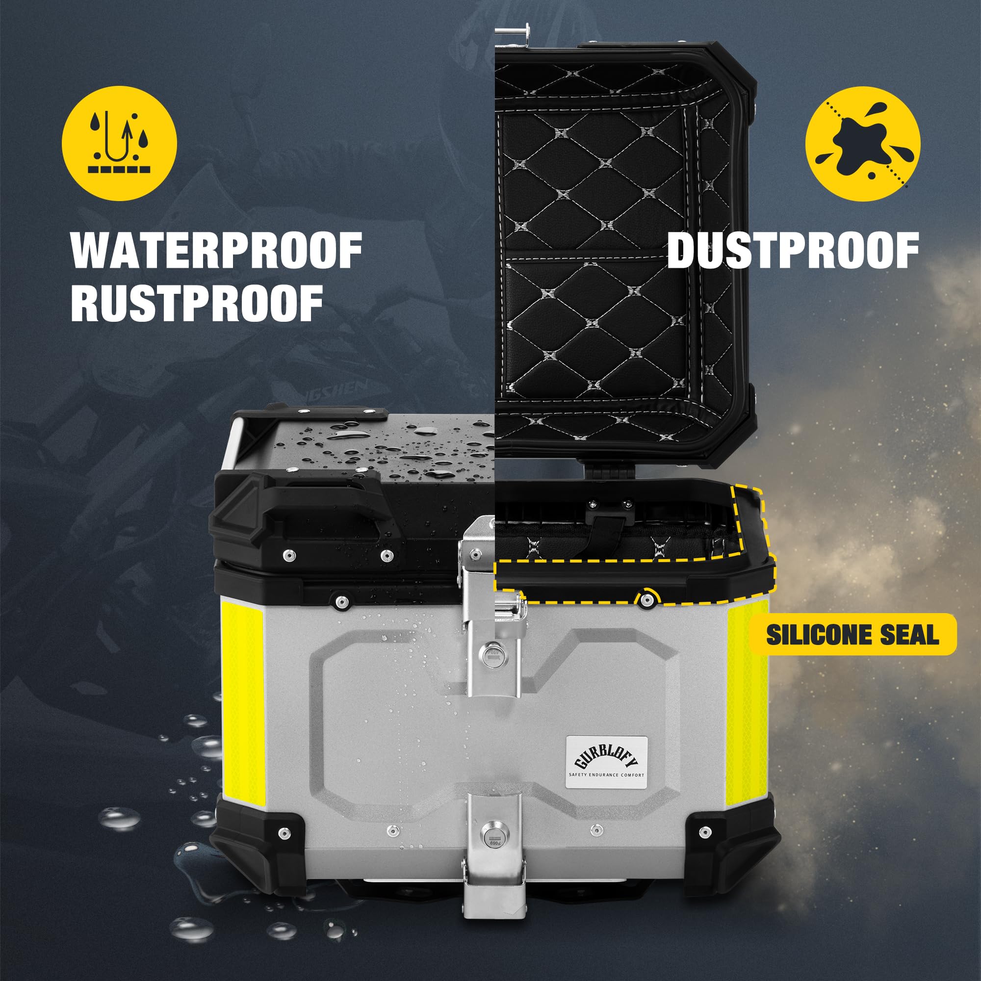 Gurblofy Motorcycle Top Case, 45L Motorcycle Tail Box Bag, Aluminum Motorcycle Trunk With Anti-Theft Lock System, Easy Installation With Universal Bracket, Waterproof, Rustproof And Dustproof, Silver