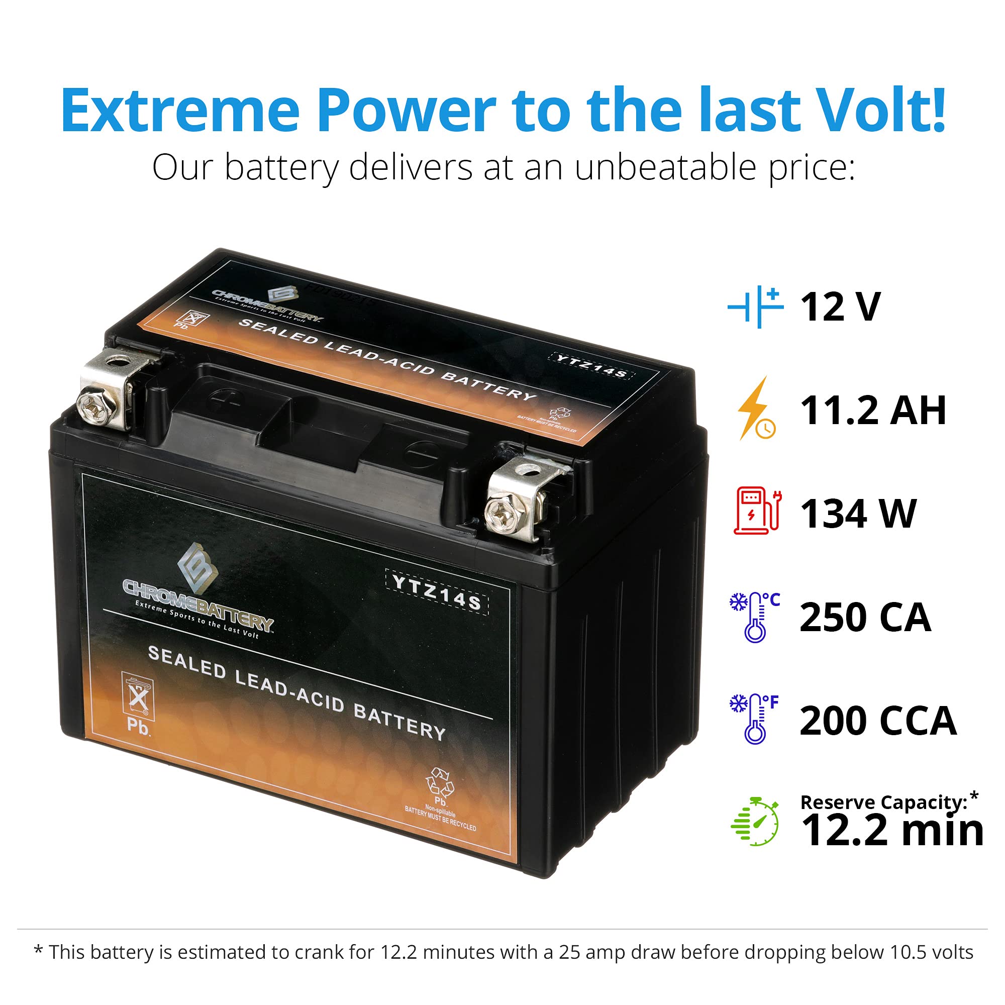 Cb Chromebattery Ytz14S Maintenance Free, 200Cca, Replacement Battery For Bmw, Honda, Suzuki, And Yamaha Motorcycles: 12 Volts,