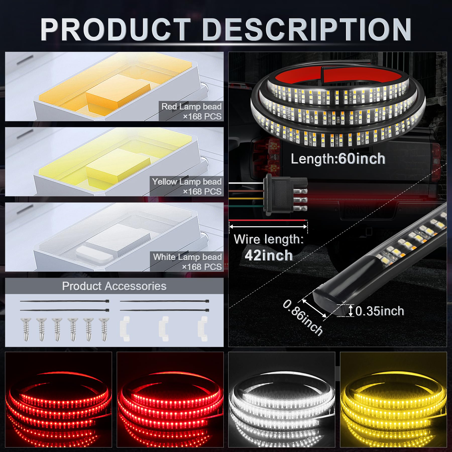 Livtee Truck Tailgate Light Bar, 60'' Triple Row Led Brake Light Strip With Red Brake/White Reverse/Sequential Amber Turning Sig