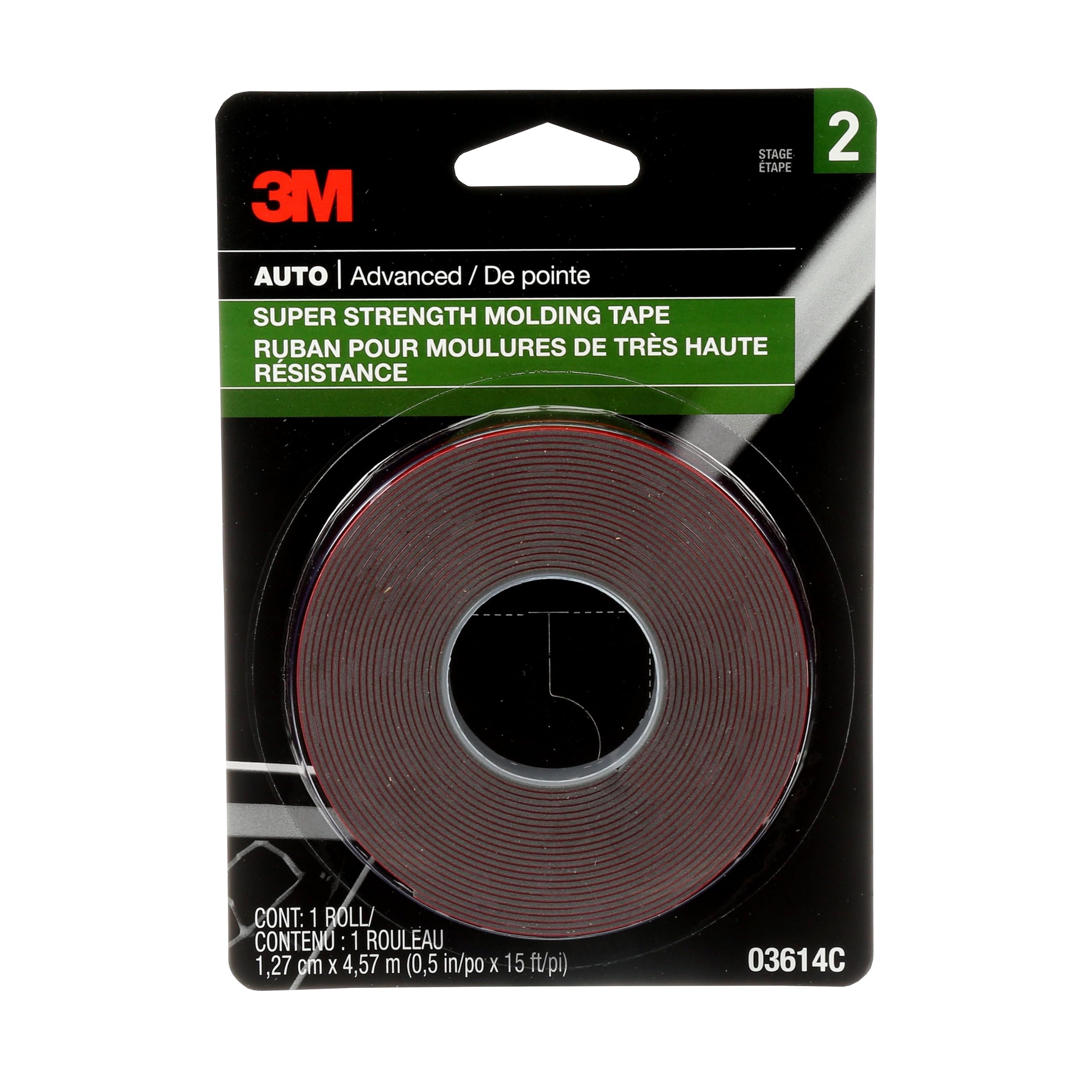 3M Super-Strength Molding Tape, 1/2 in x 15 ft, High Strength Double-Sided Adhesive, Permanently Attaches Side Moldings, Trim and Emblems to Interior and Exterior of Vehicles (03614)