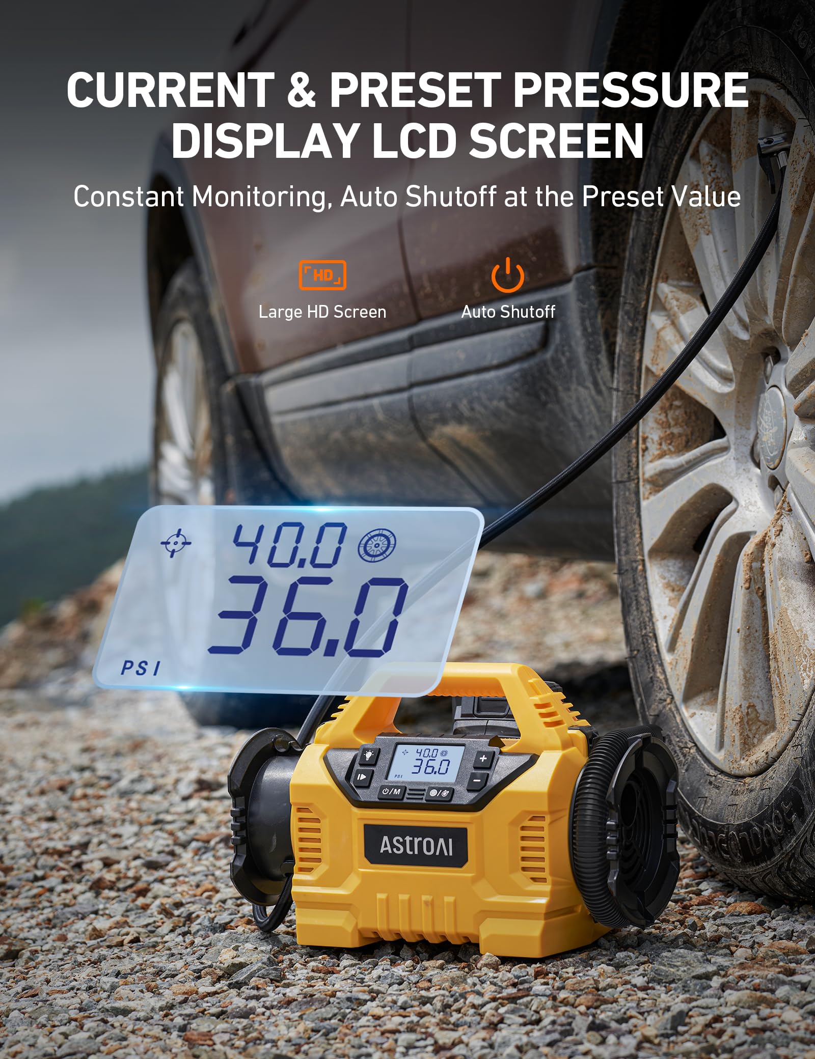 AstroAI Cordless Tire Inflator - 160PSI Air Compressor, Portable, Yellow, Heavy Duty for Cars and Air Mattresses