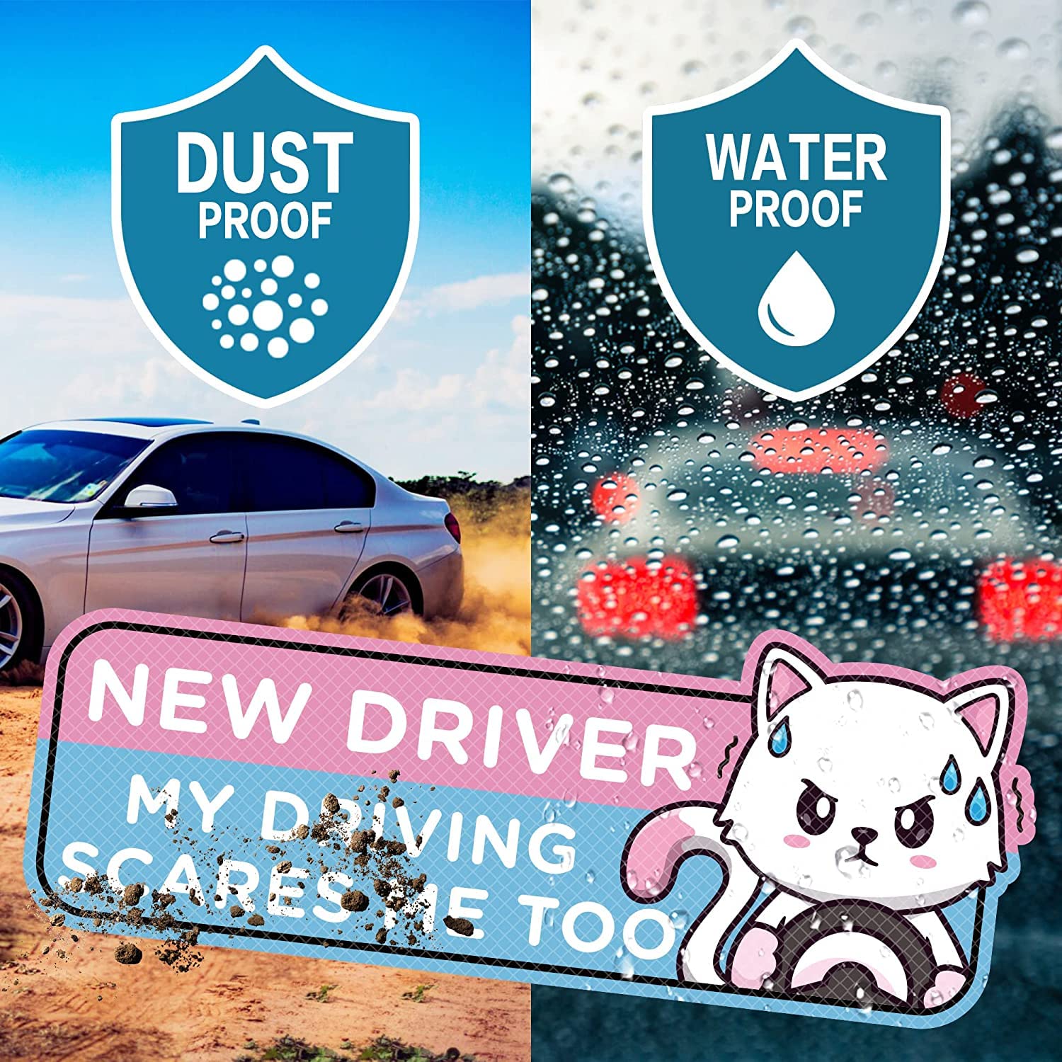W1Cwey 4Pcs Cartoon Cat Student Driver Car Magnet, Cute New Driver Sign For Car Cartoon Reflective Student Driver Car Magnet Sticker Gift For Teen Reusable Car Bumper Safety Sign(Nervous Cat Patterns)