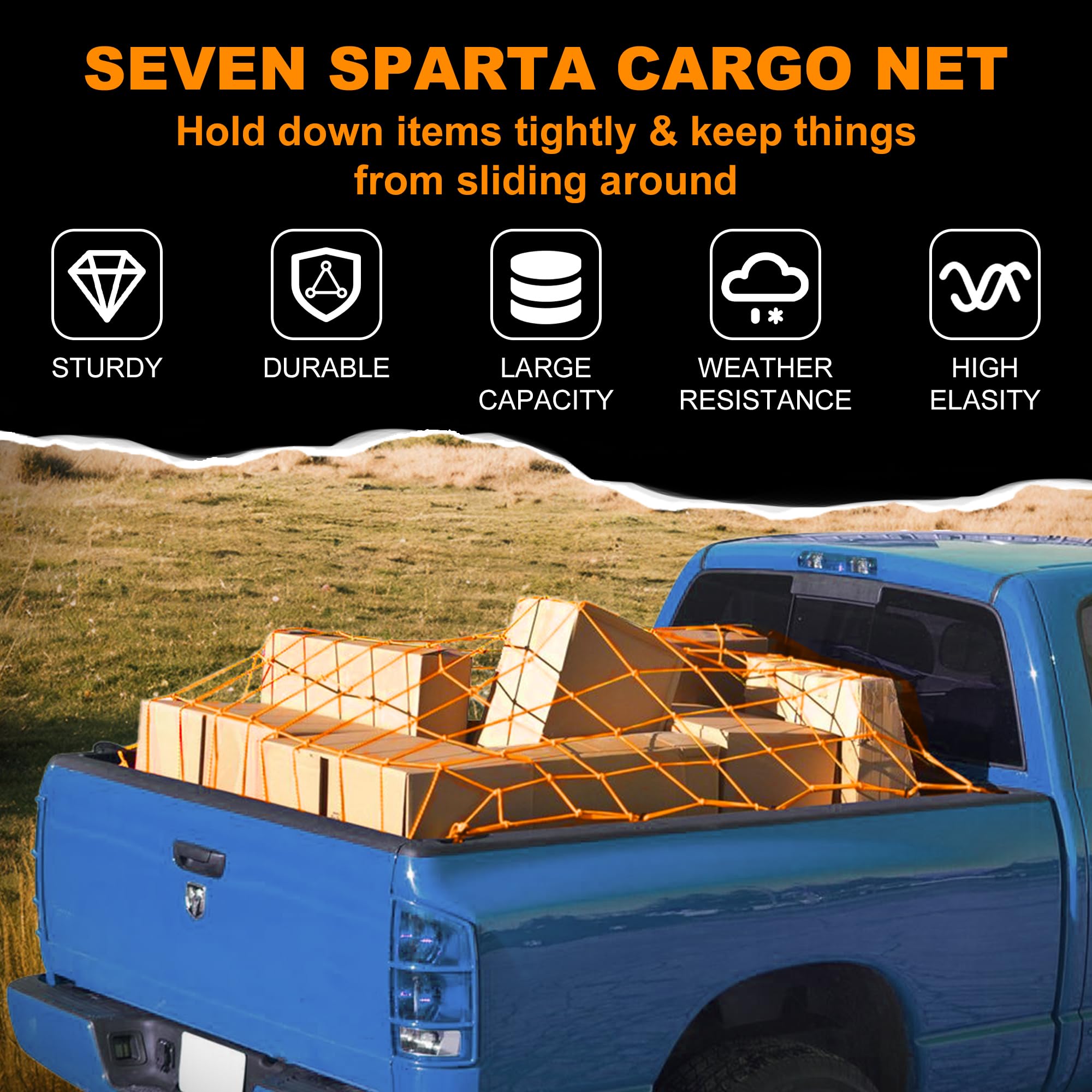 Seven Sparta 5 X 7 Bungee Cargo Net Stretches To 10' X 14' For Truck Bed, Pickup Bed, Trailer, Trunk, Suv With 16 Bonus D Clip C