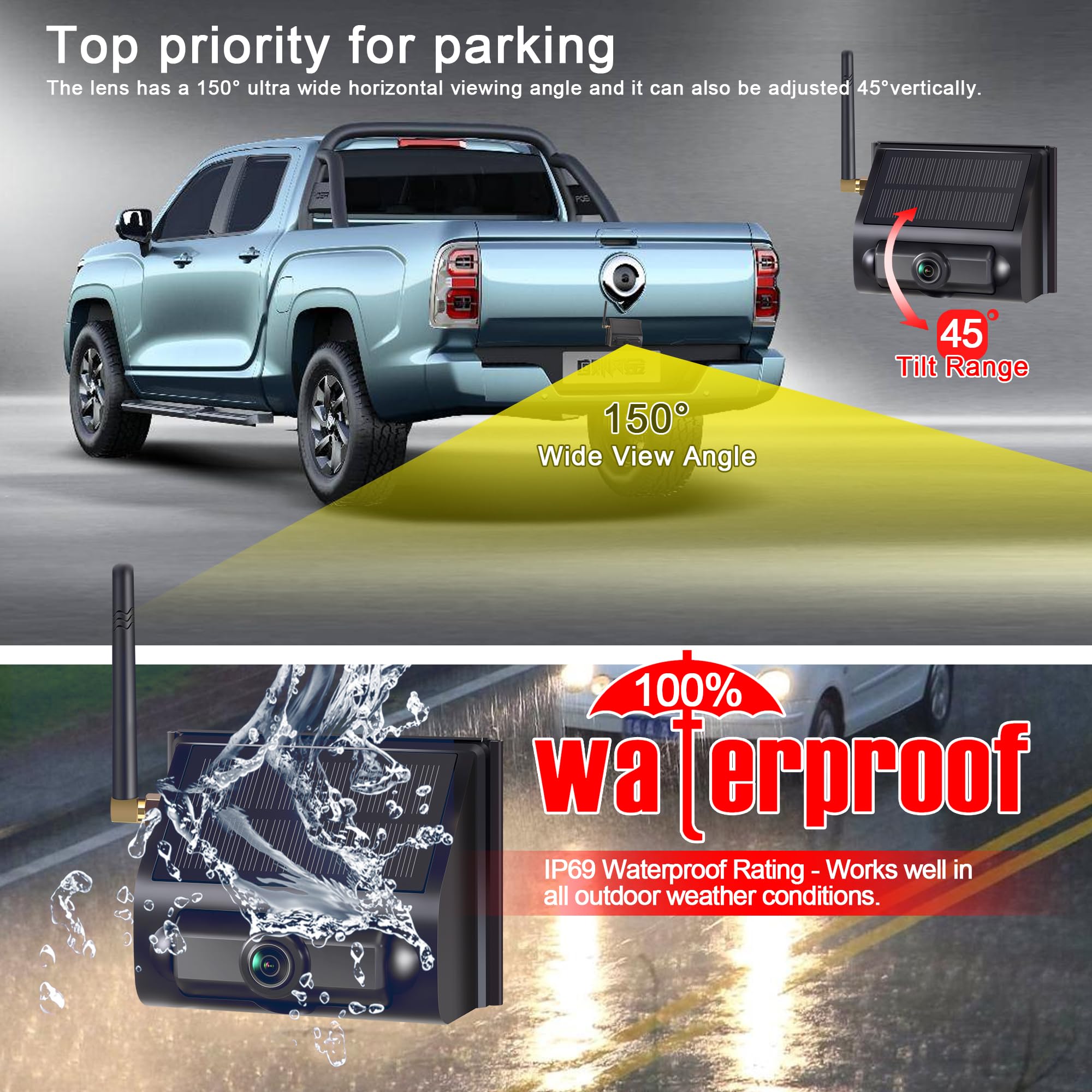 Yimu Solar Magnetic Wireless Backup Camera For Truck Andtrailers, Portable, Cordless, Scratch-Proof, 2Mins Easy Install, No Wiri