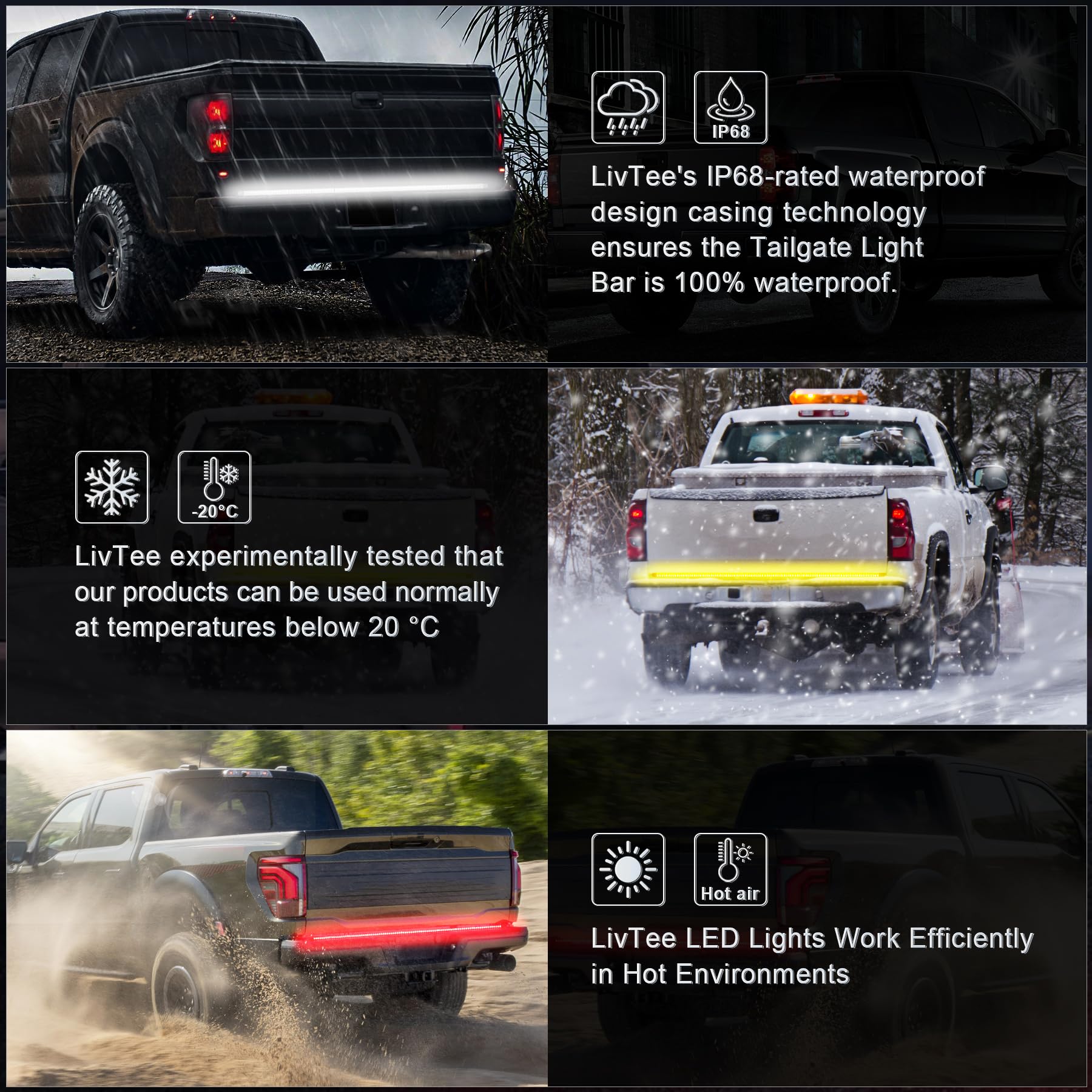 Livtee Truck Tailgate Light Bar, 60'' Triple Row Led Brake Light Strip With Red Brake/White Reverse/Sequential Amber Turning Sig