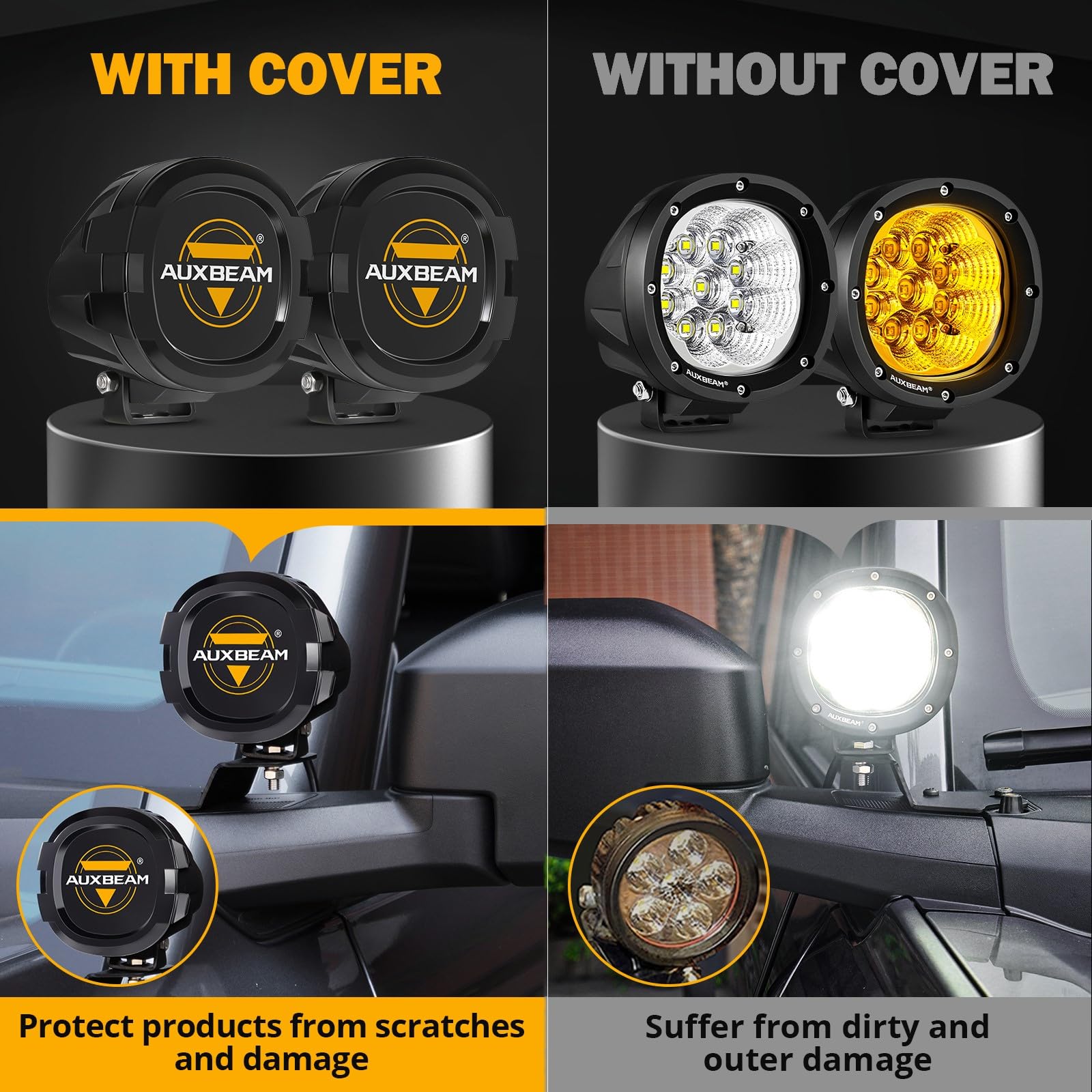 Auxbeam 4 Inch Led Pod Covers, 2Pcs Black Round Offroad Driving Work Lights Pc Protective Covers, Light Bar Lens Covers Waterpro
