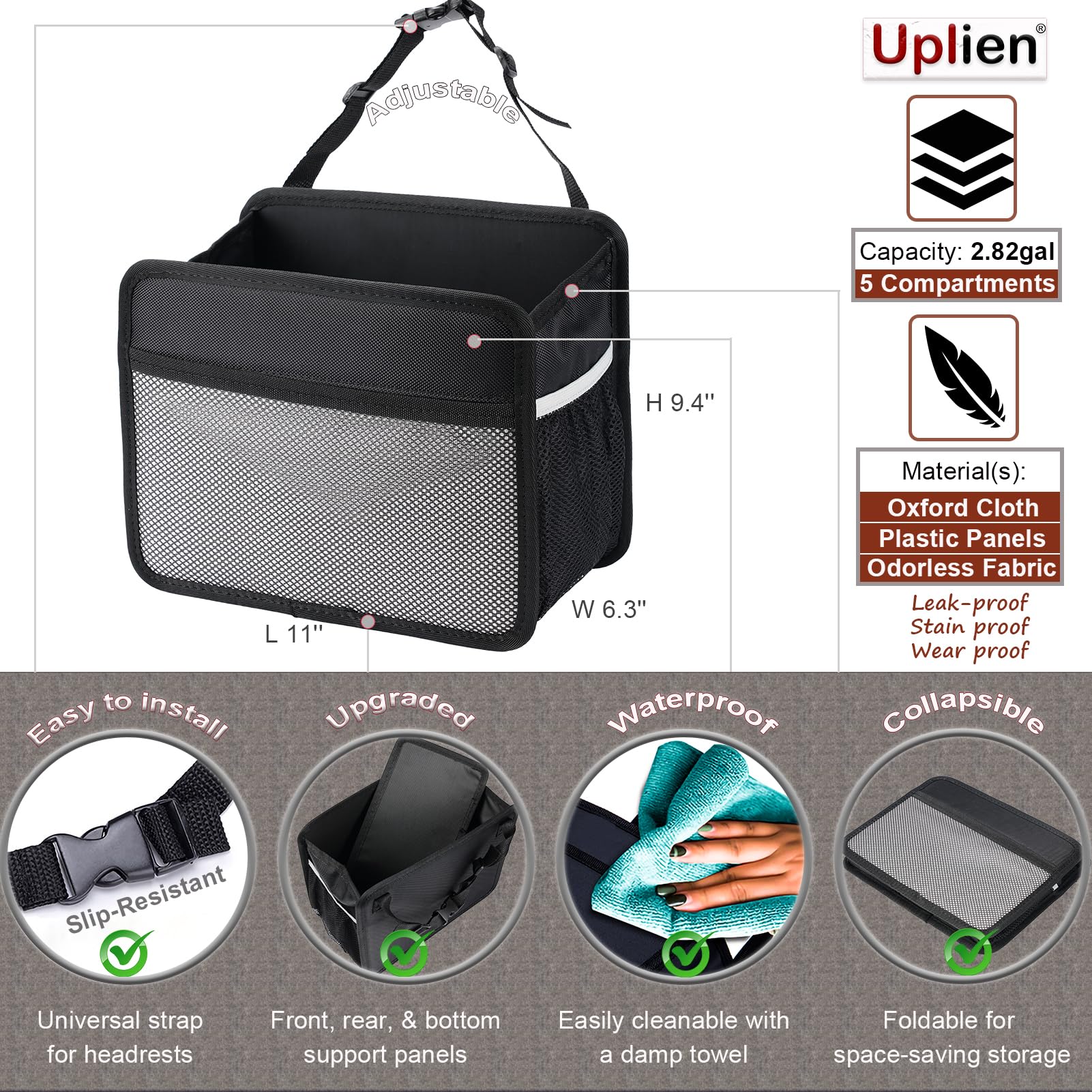 Uplien Car Back Seat Organizer And Storage Bag, Premium 1680D Oxford Cloth Collapsible Universal Hanging Car Seat Back Organizer