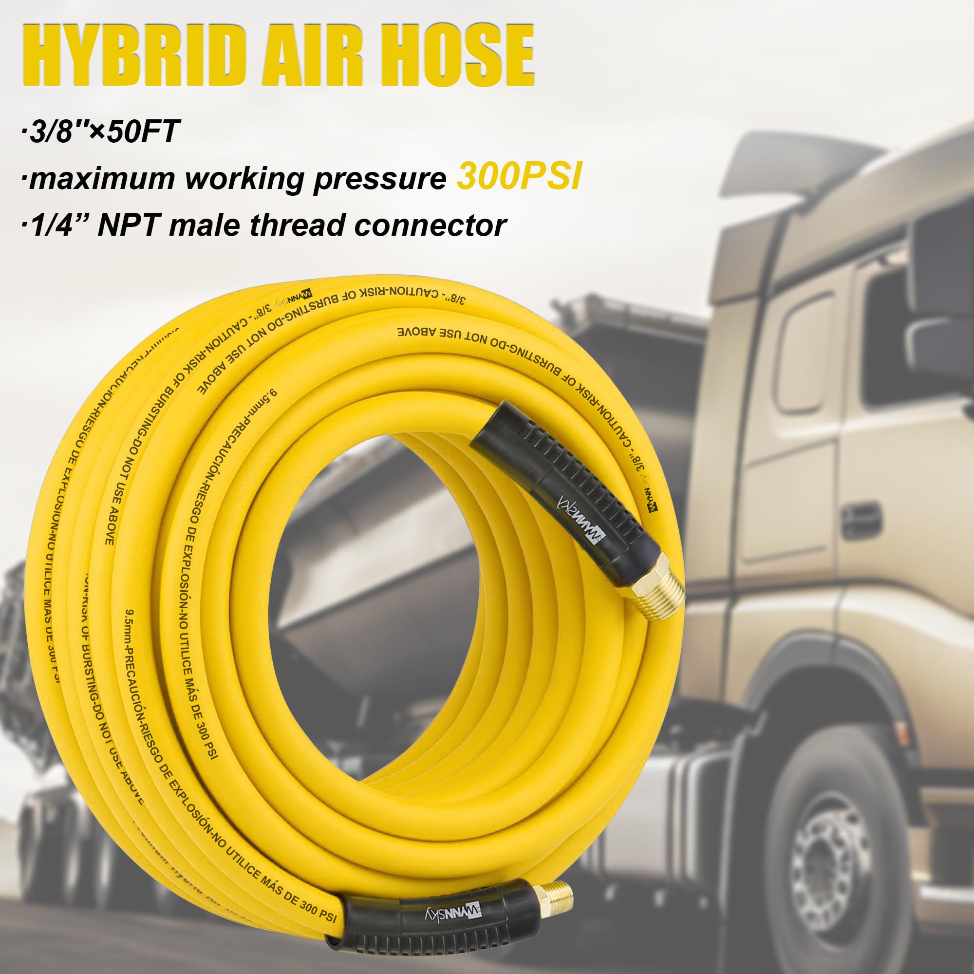 Wynnsky Truck Inflator Kit, 3/8''50Ft Hybrid Air Hose With 1/4''Mnpt Endings, Universal Glad Hand&Chuck