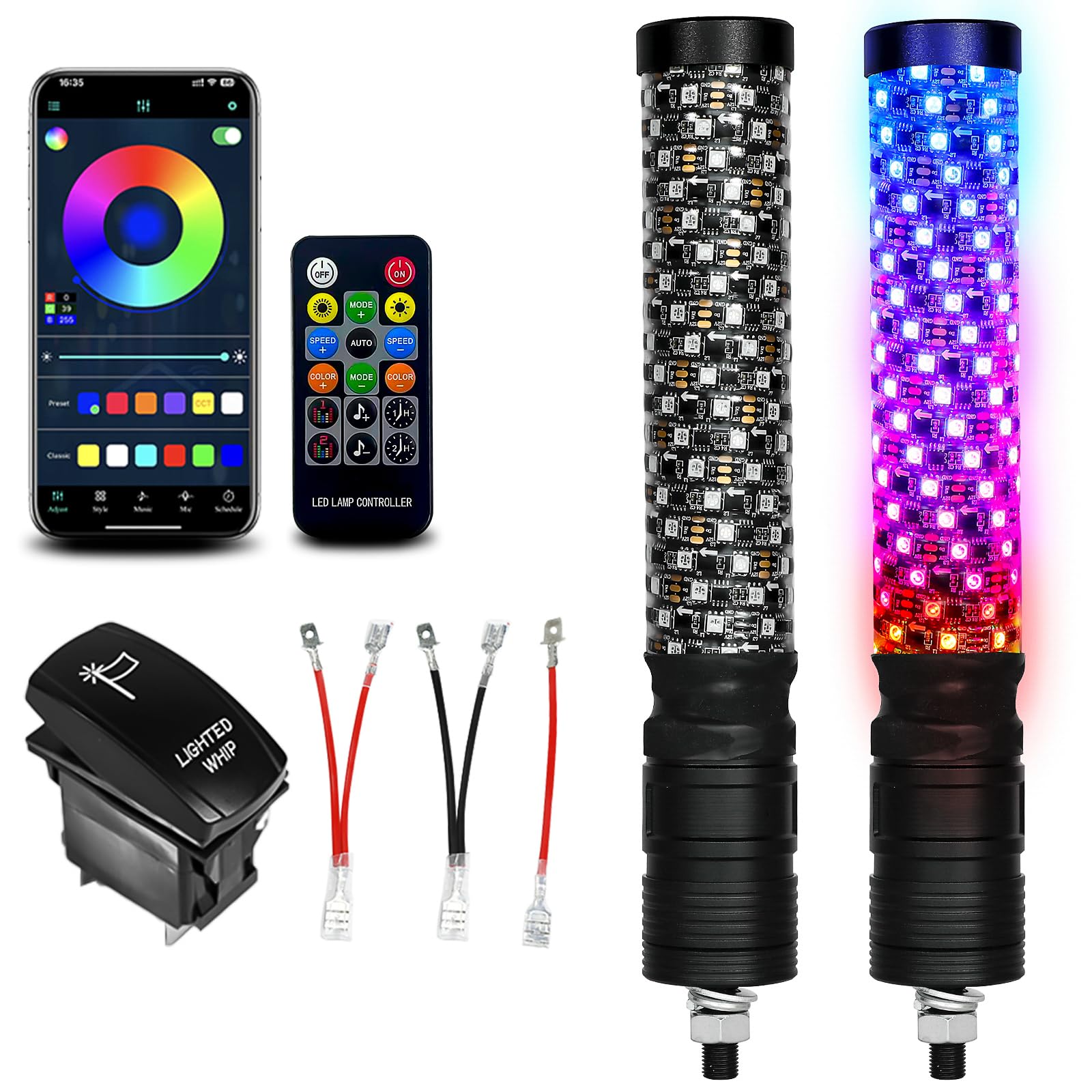 VI9000 2 Pack 1FT Fat Whip Lights, LED Whip Lights with App & Remote Control, Spiral RGB Chasing Lighted Antenna Whips with Rock