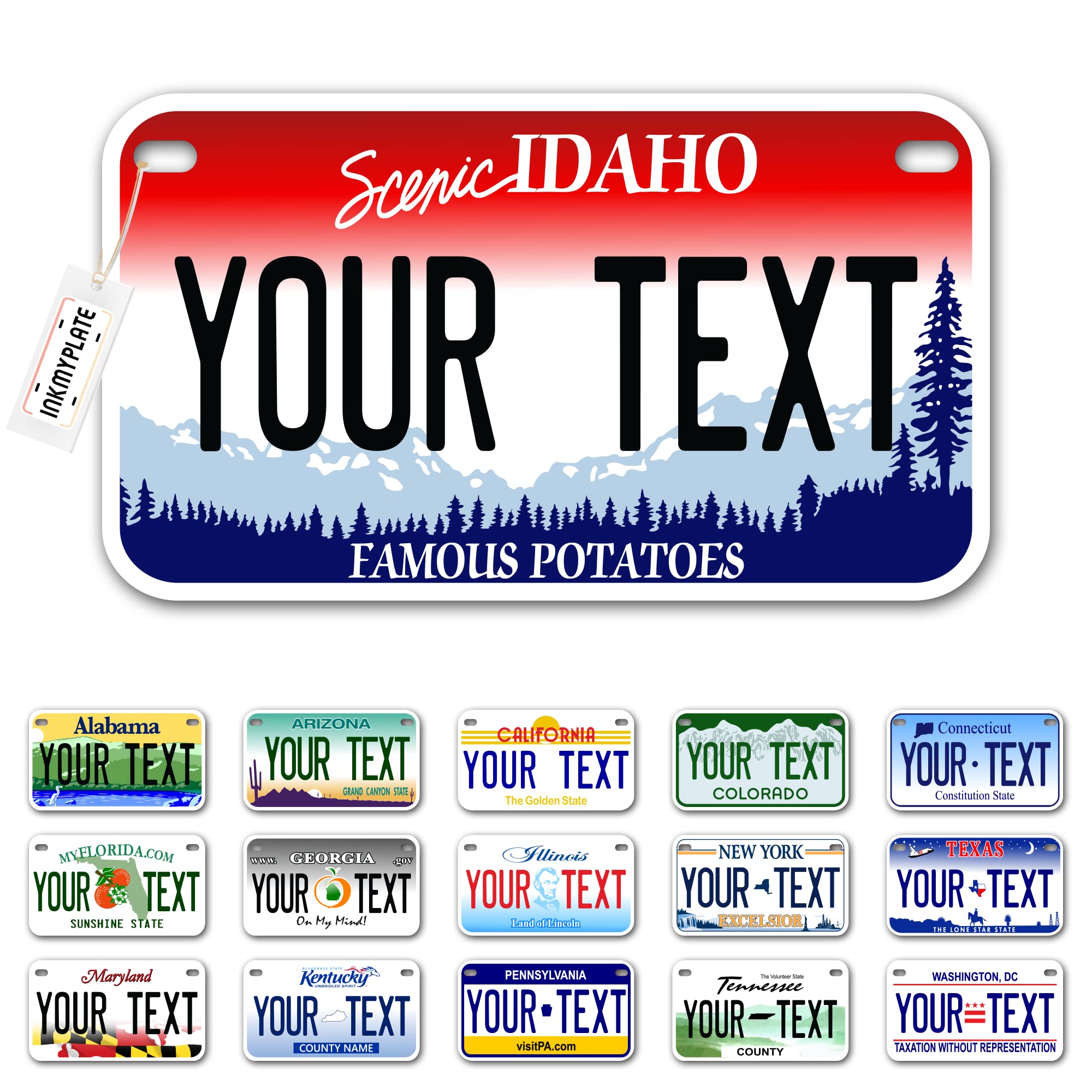 Inkmyplate Personalized Idaho Small License Plate | Motorcycle 7X4 In | 3 Sizes | Custom License Plates For Kids Bicycles | Power Wheels | Wagons | Atv | Usa Thick .040 Aluminum