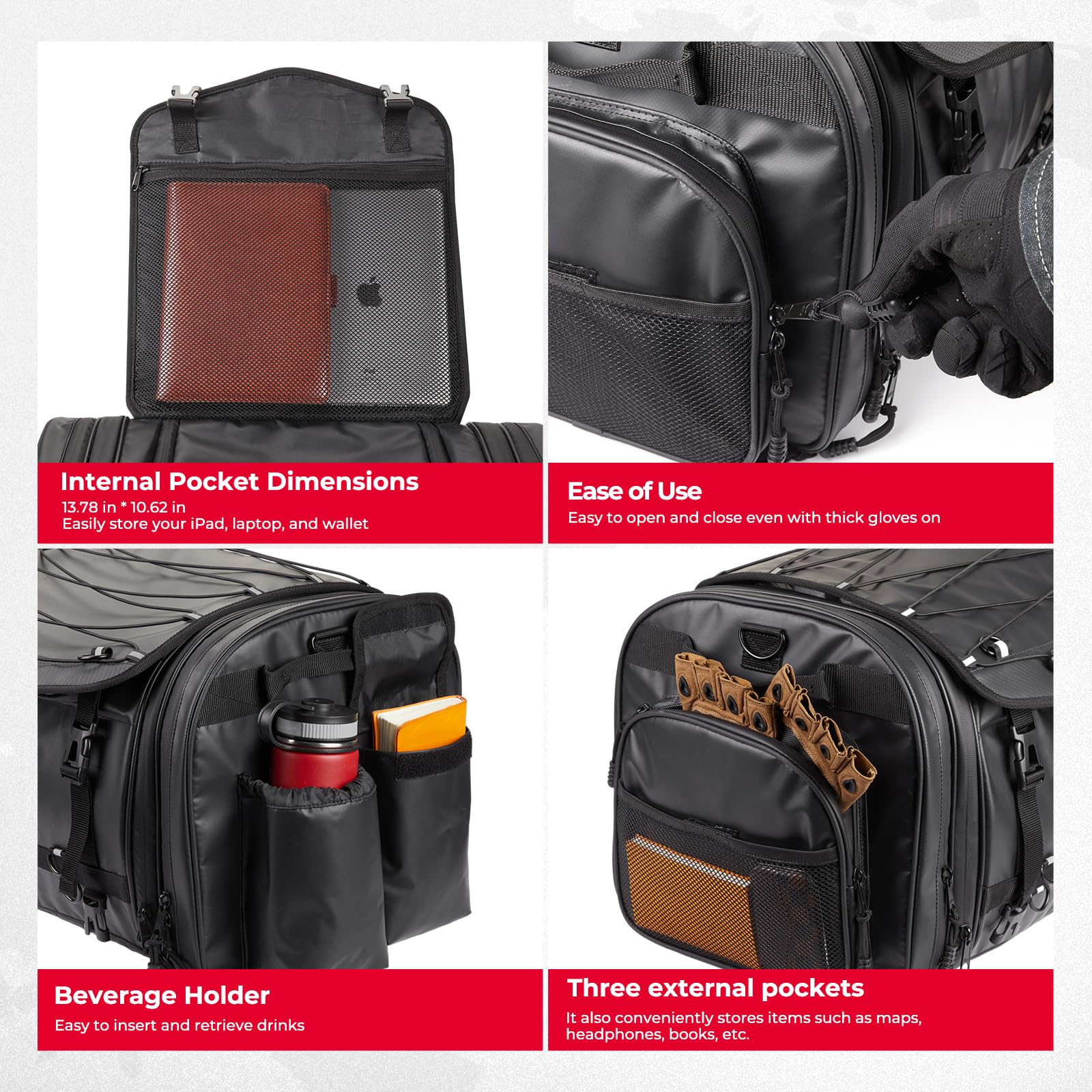 Kemimoto Motorcycle Travel Luggage Bags, 60L Expandable Large Capacity Motorcycle Tail Bag, Waterproof Rear Rack Trunk, Motor Pannier Bag With Rain Cover And Straps