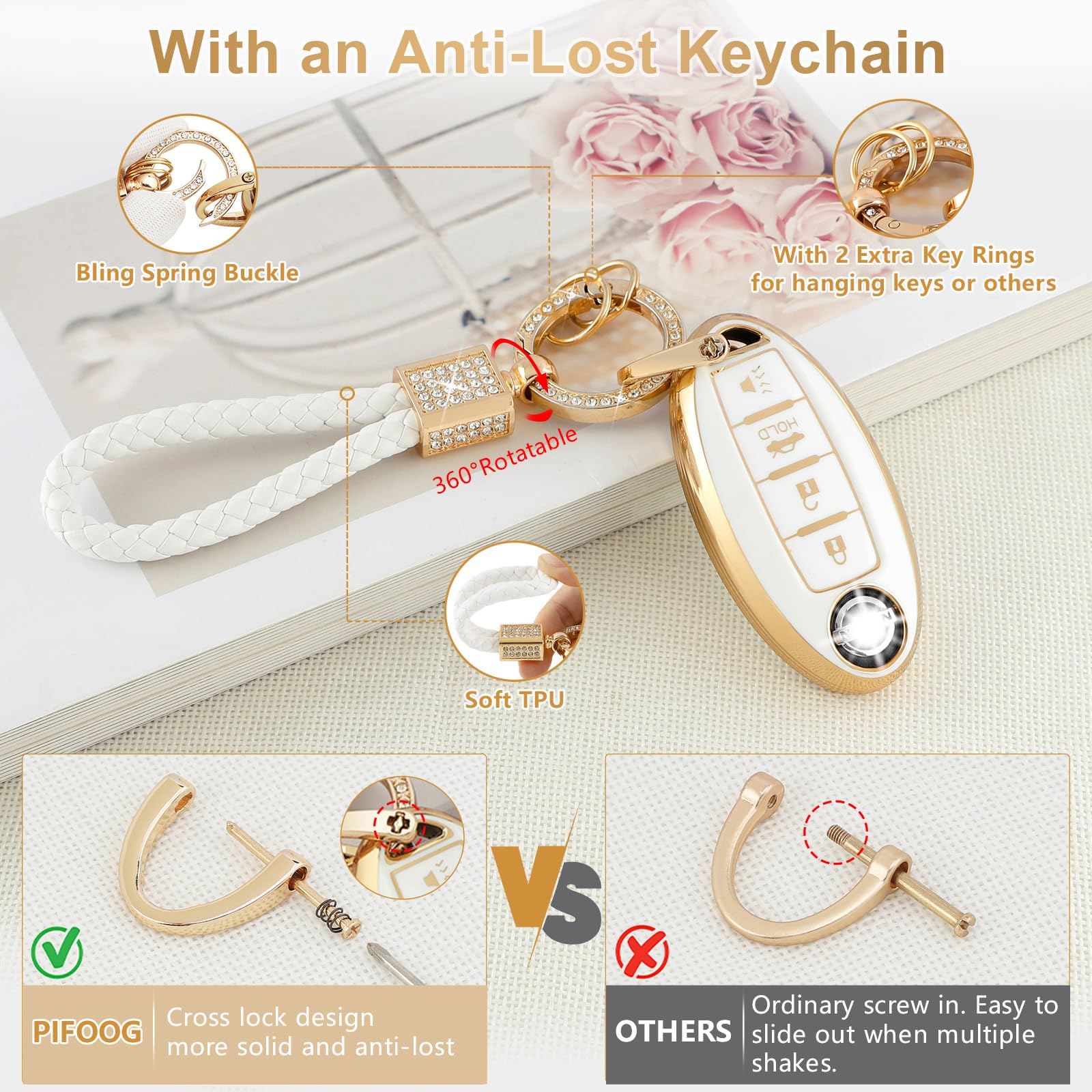 Pifoog For Nissan Key Fob Cover Altima Rogue Sentra Murano Armada Pathfinder Accessories 4 Buttons Soft Tpu White Gold Car Keys