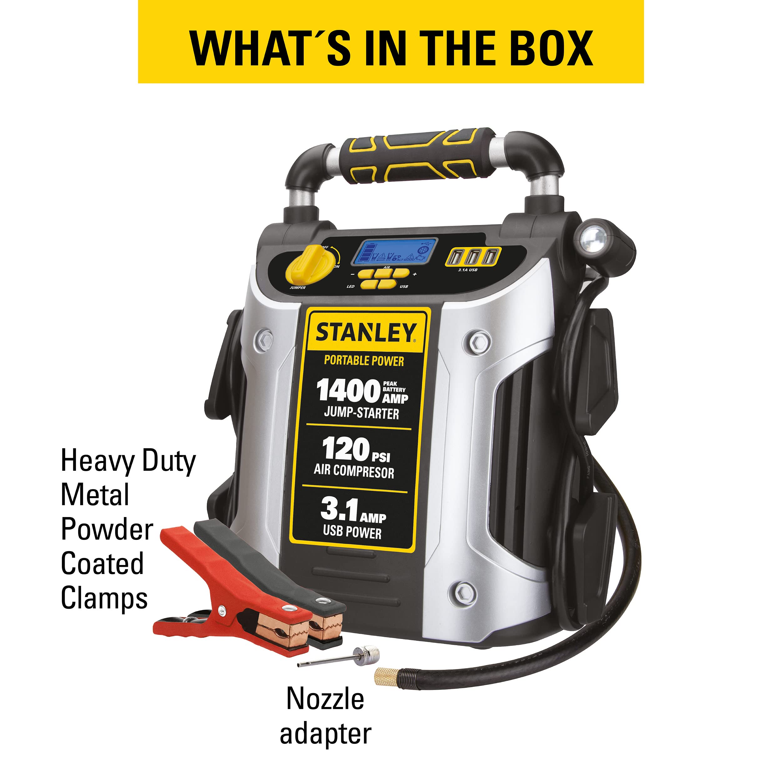 1400 Peak Amp Automotive Jump Starter, Portable Power - Triple 15W Usb Ports, 120 Psi Air Compressor