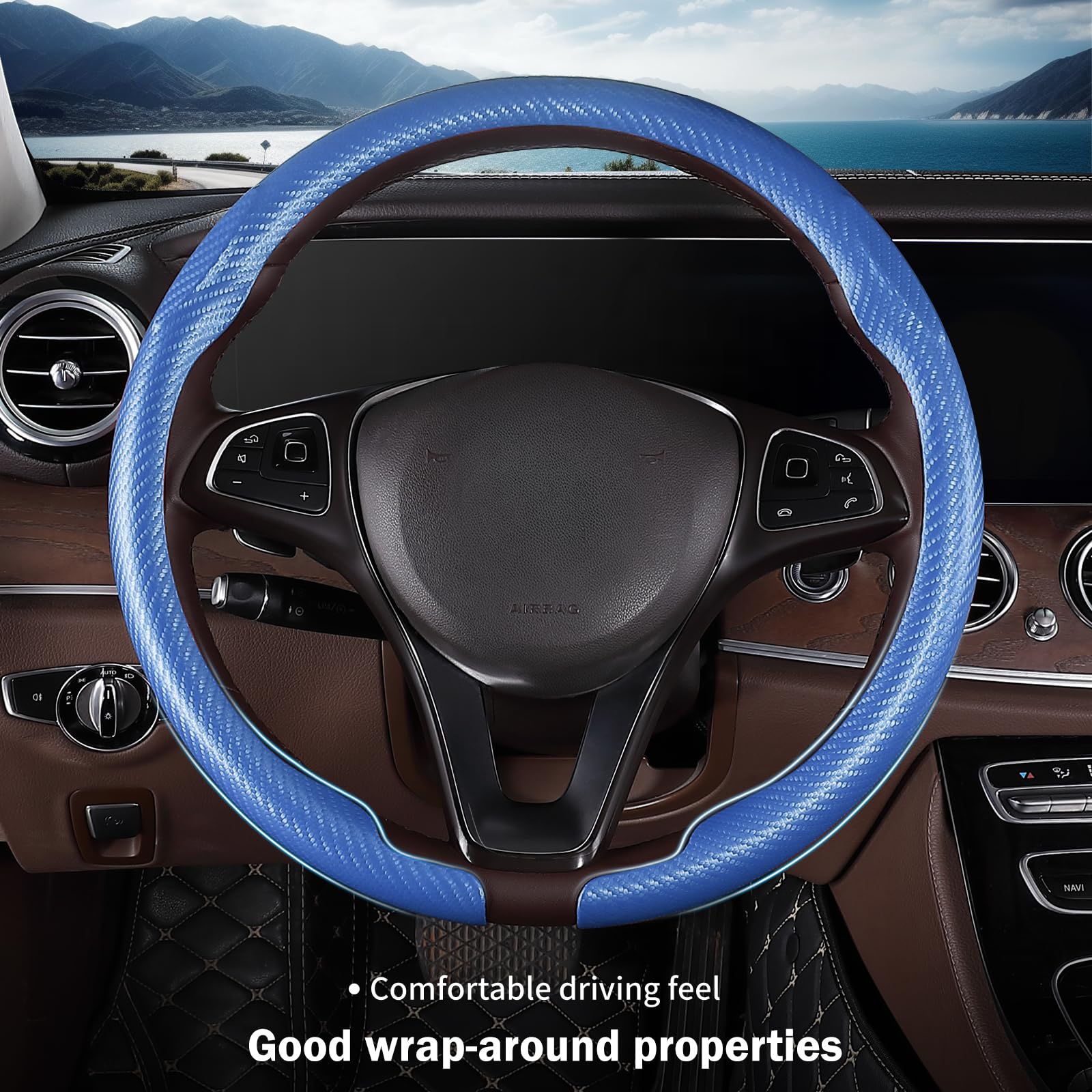 Car Steering Wheel Cover Carbon Fiber Snap On Steering Wheel Accessories Wrap 14.5-15 inch Universal Grip Anti-Skid Protector, M