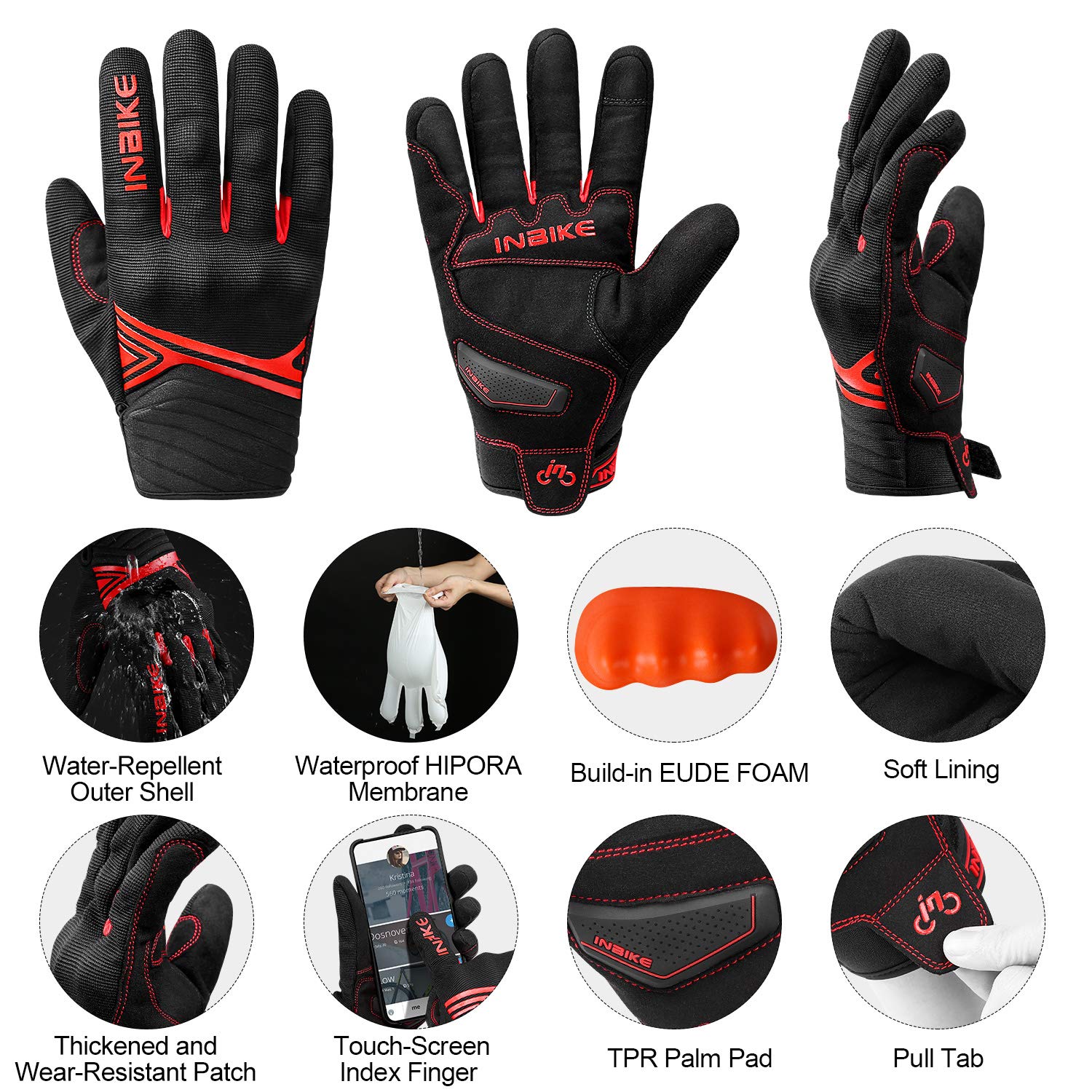 Inbike Waterproof Winter Motorcycle Gloves Thermal Fleece Touchscreen With Tpr Palm Pad Cushioning Hard Knuckle Red Small
