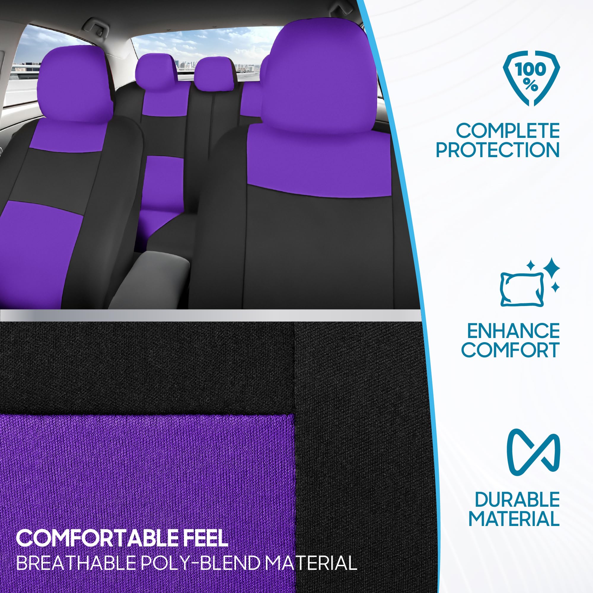 BDK PolyPro Car Seat Covers Full Set in Purple on Black, Front and Rear Split Bench Seat Covers for Cars, Easy to Install Car Se