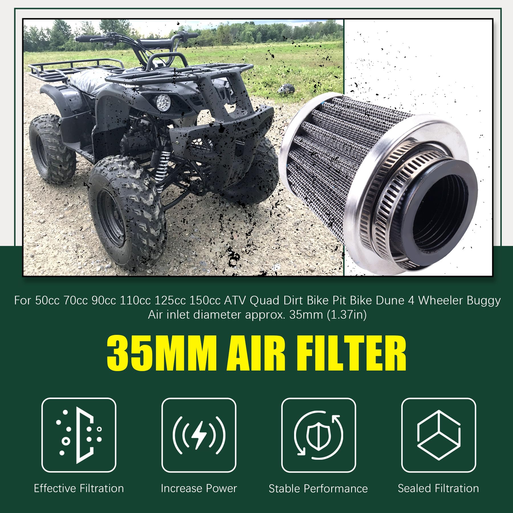 Ciom 35Mm Air Filter For 50Cc 70Cc 90Cc 110Cc 125Cc 150Cc Atv Quad Dirt Bike Pit Bike Dune 4 Wheeler Buggy