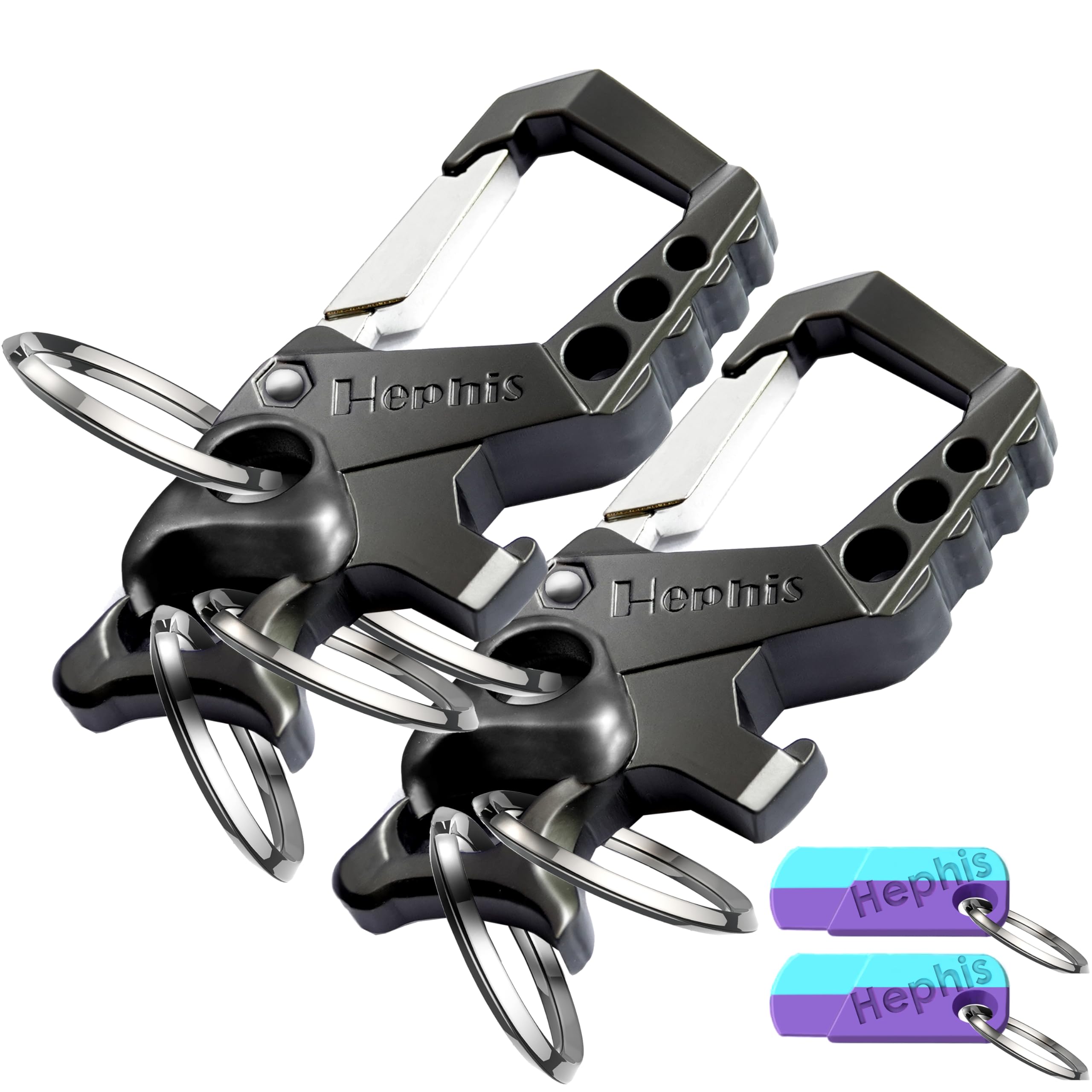 Hephis Heavy Duty Key Chain plus,Bottle Opener,Carabiner Car Key Chains for Men and Women(Black and Silver)(2pcs)