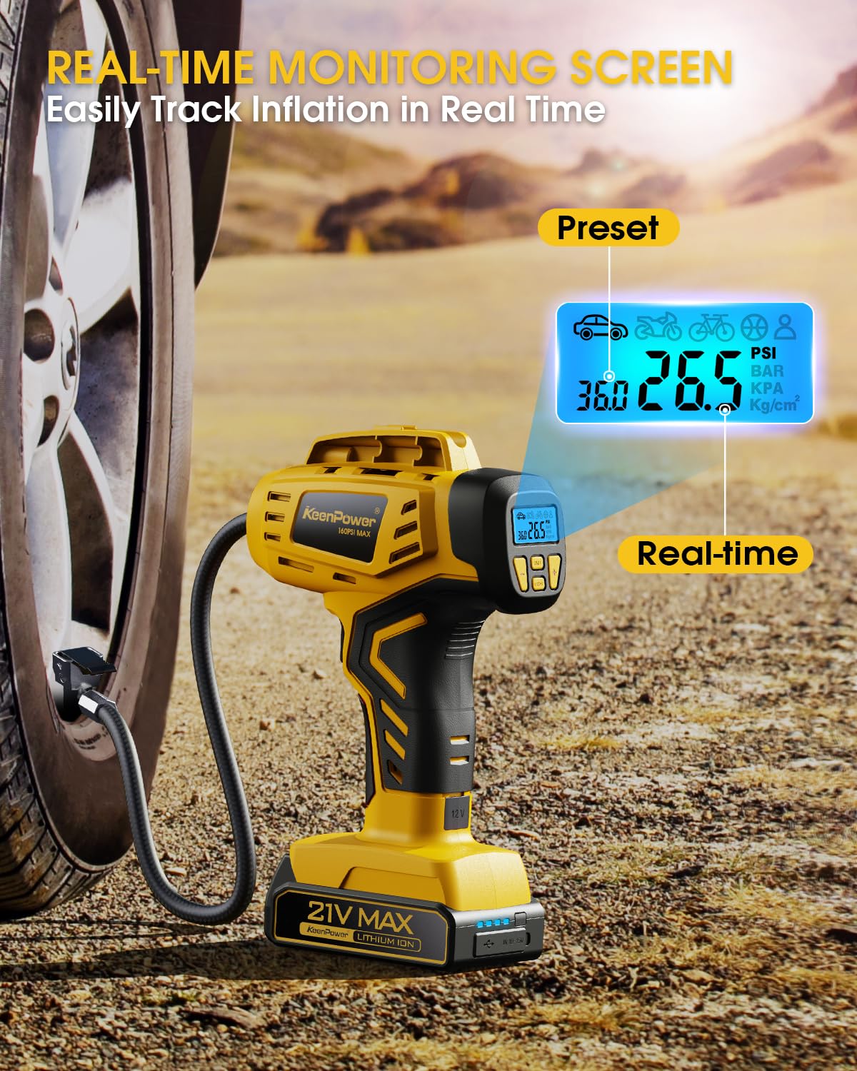 Keenpower Tire Inflator Portable Air Compressor - 2X Faster - 21V Rechargeable Battery Powered Handheld 160Psi Tire Inflator, Du