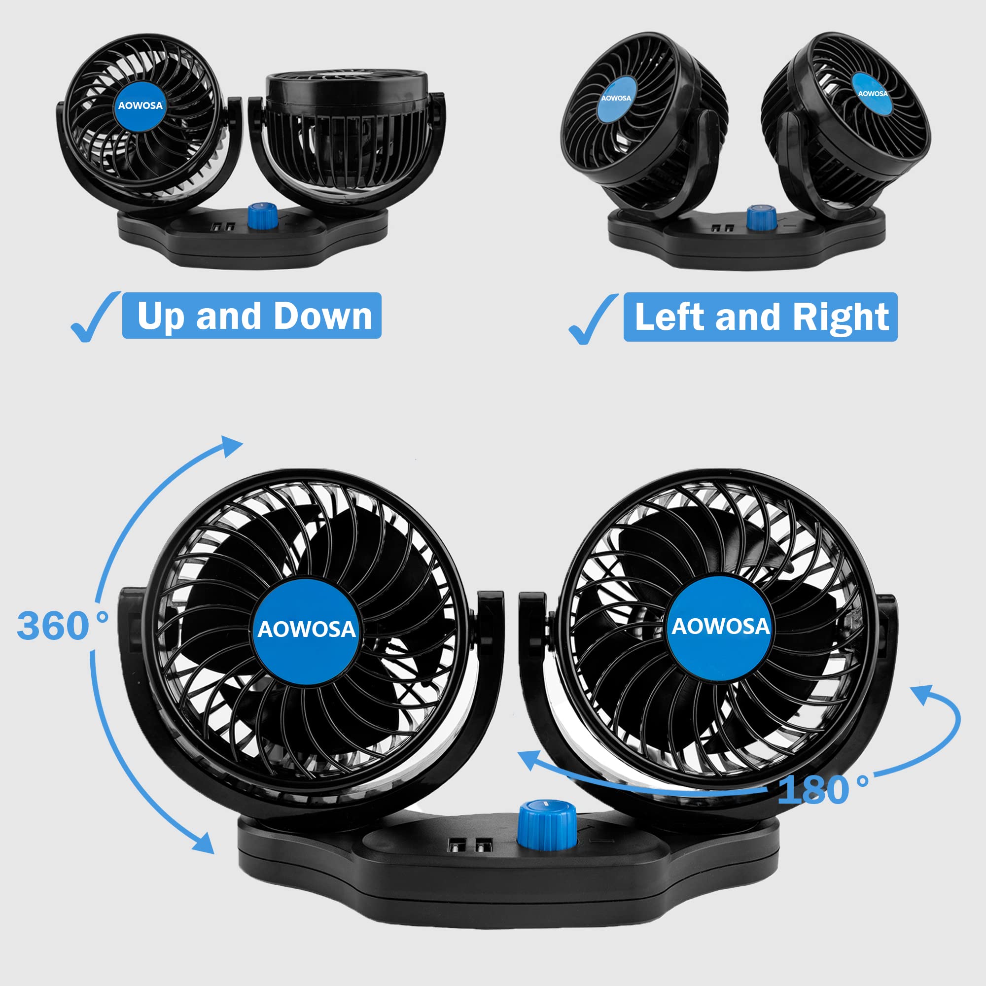 Car Fans 12V Electric Cooling Rear Seat Headrest Vehicle Fan With Cigarette Lighter Plug 2 Speed, 360 Degree Adjustable Dual Hea