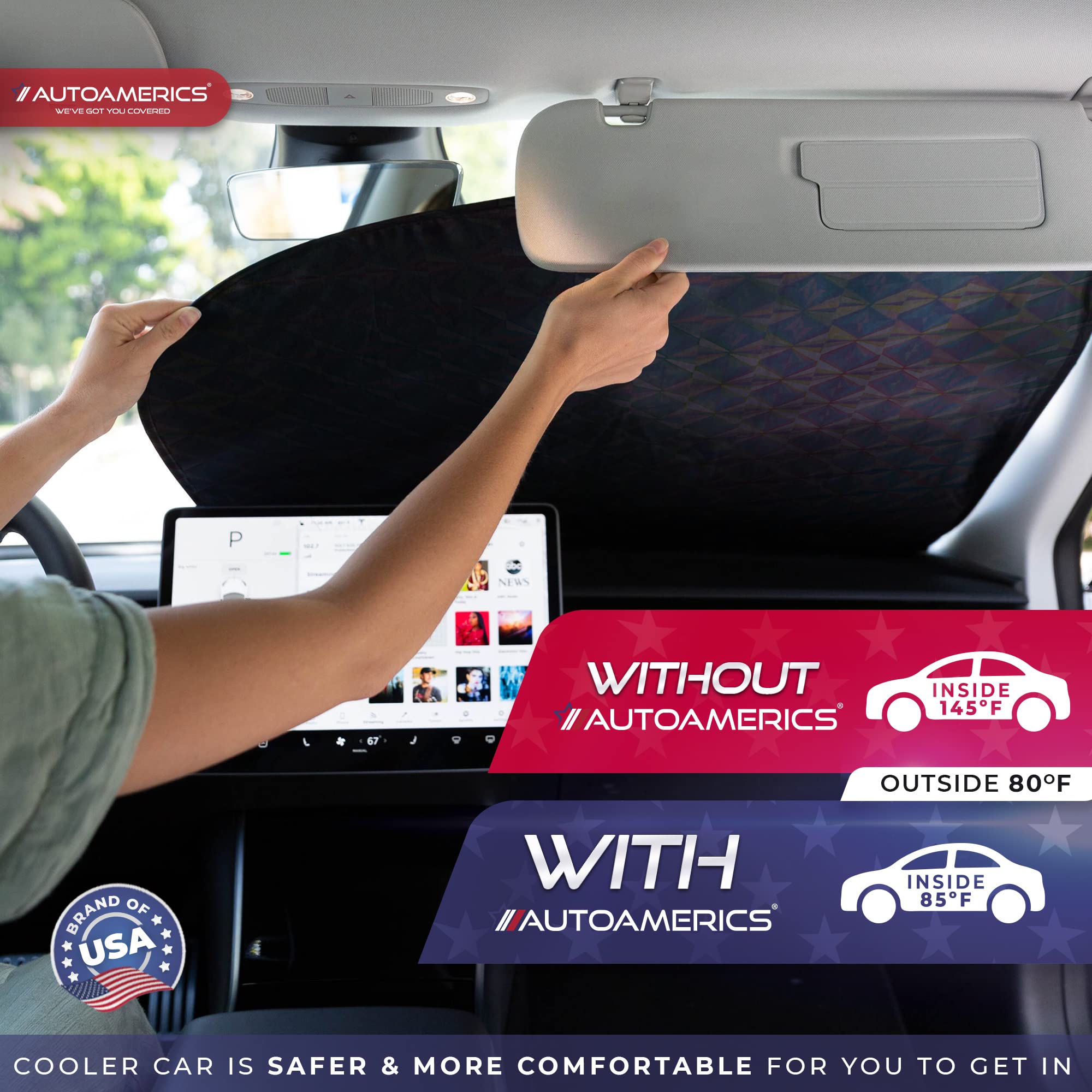Autoamerics 2-Piece Windshield Sun Shade - Holographic Foldable Car Front Window Sunshade for Most Cars SUV Truck - Heat Blocker