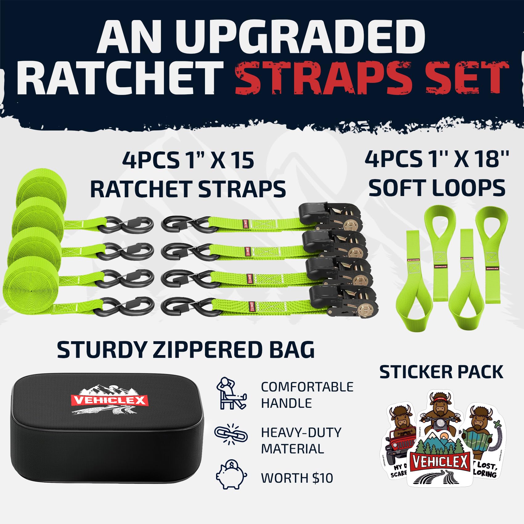 Ratchet Tie-Down Straps Set - (1' X 15', 2200Lbs Breaking Strength) - Vehiclex Soft Loops, Coated S-Hooks, Storage Bag For Atv, Motorcycle, Bicycle, Kayak, Cargo Securing, Green