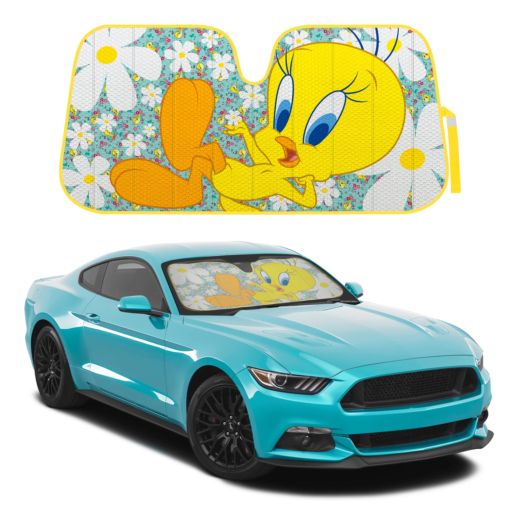 Bdk Warner Bros Looney Tunes Tweety Bird Windshield Sun Shade - Accordion Folding Uv Block Double Bubble 58 X 27 In Car Accessor