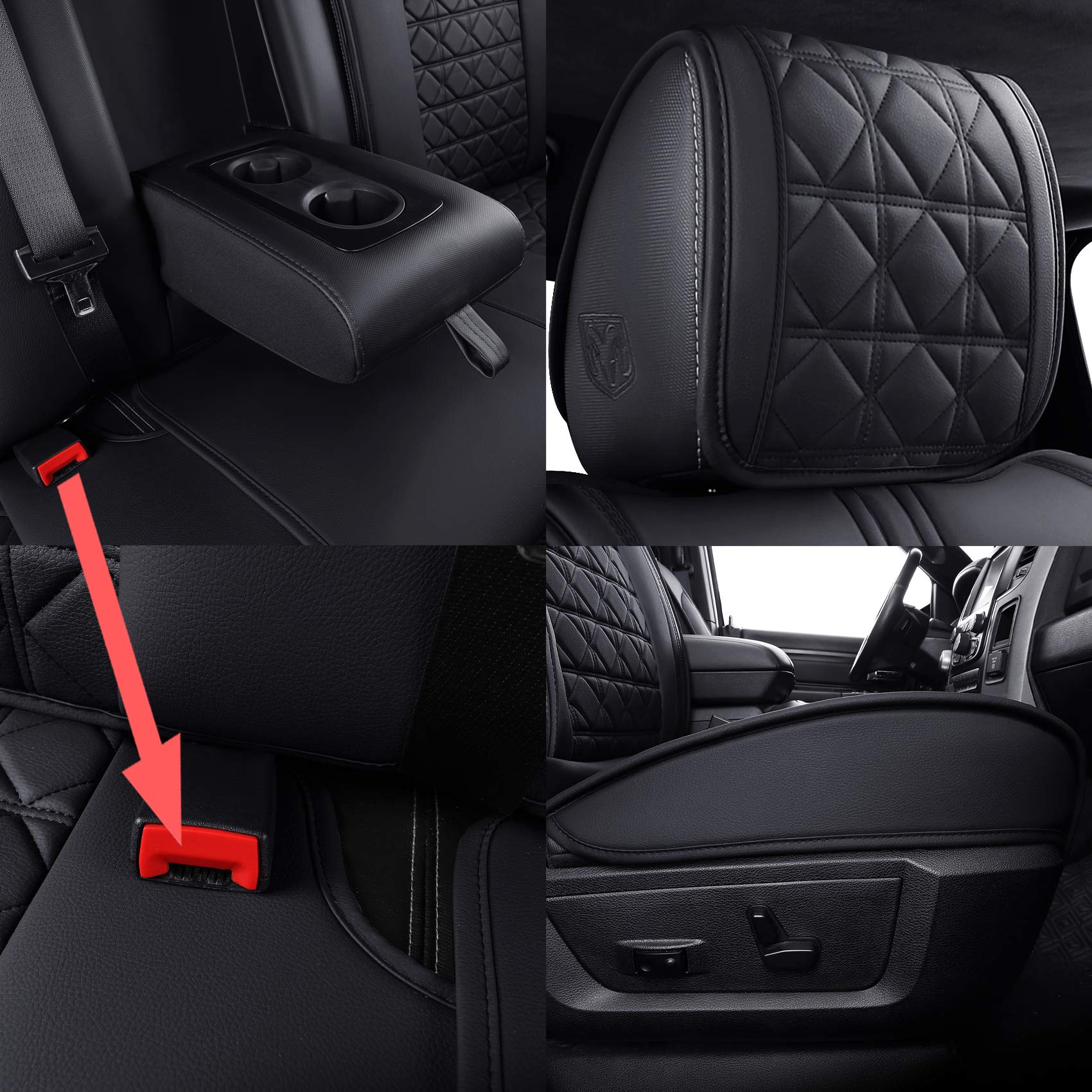 Yiertai Dodge Ram Seat Covers Fit For 2009-2025 1500Hd 2010-2025 2500/3500Hd Truck Full Set Crew Double Cab Quad Cab Waterproof Faux Leather Seat Covers(5 Pcs Full Set/Black)