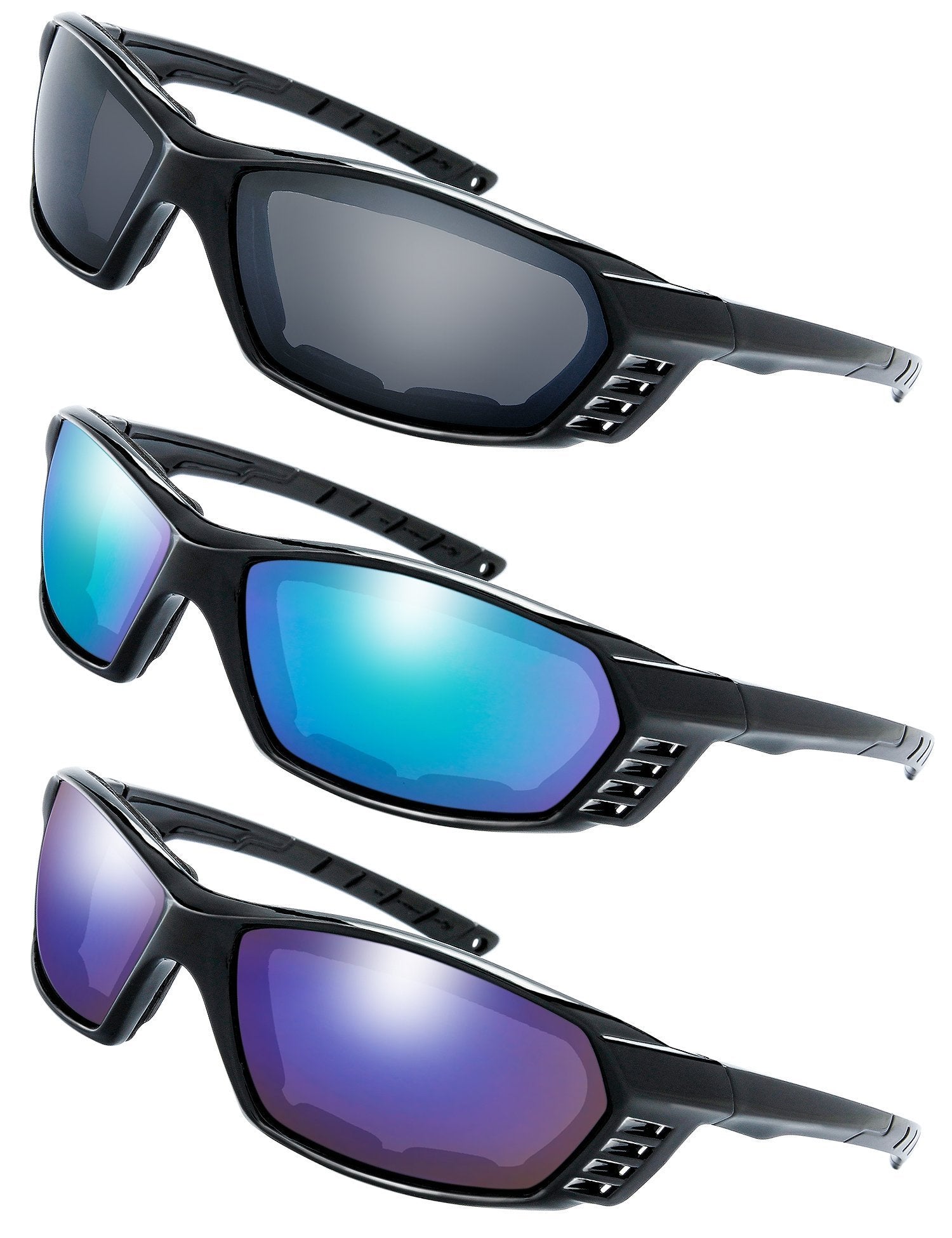 The Fresh 3 Pairs Motorcycle Riding Glasses Padded Frame Lens Block 100% Uvb For Outdoor Activity Sport (9-Shiny Black, Grey, Gr