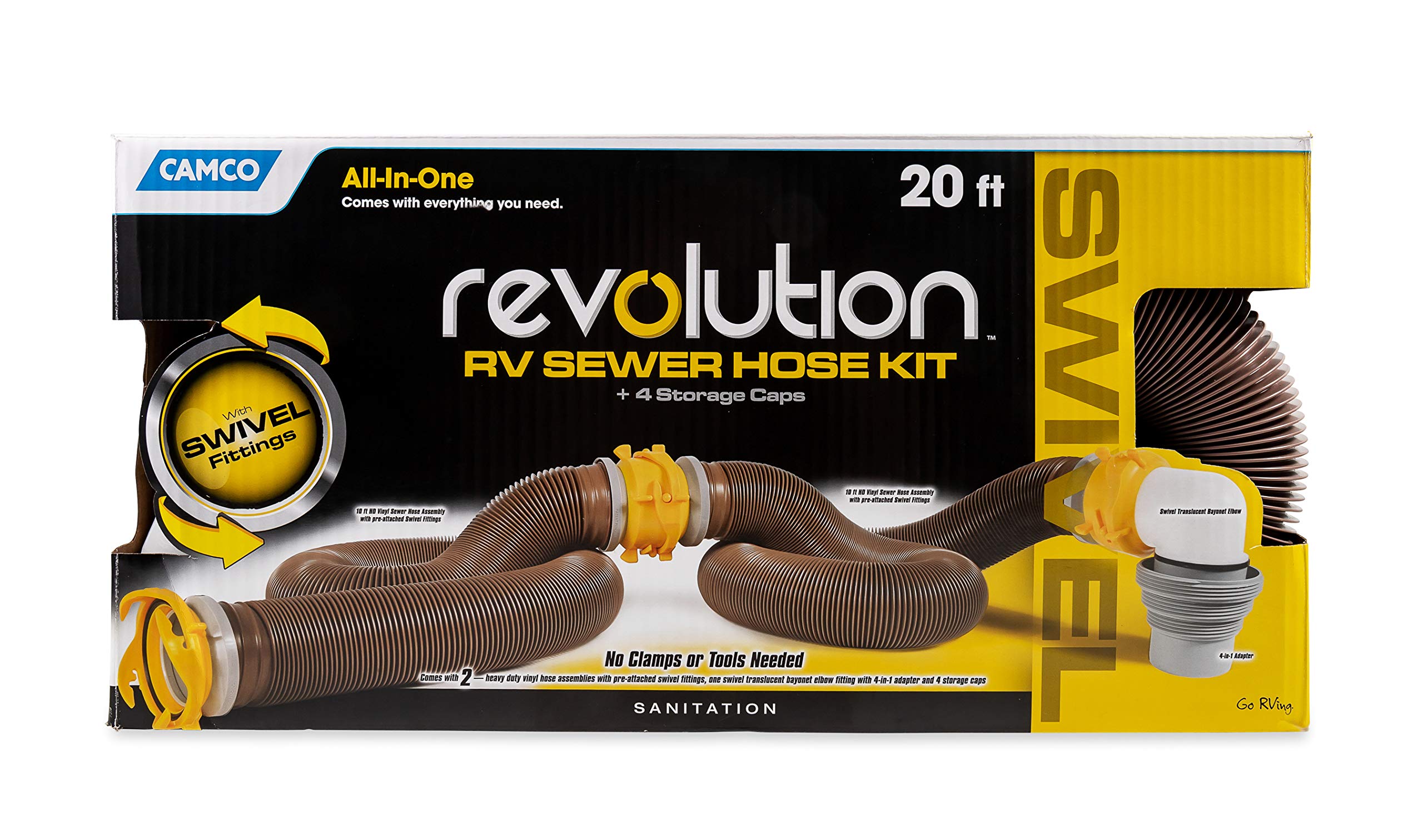 Camco 39625 Revolution 20' Sewer Hose Kit With 360 Degree Swivel Fittings And 4-In1 Elbow Adapter, Ready To Use Kit With Hose An