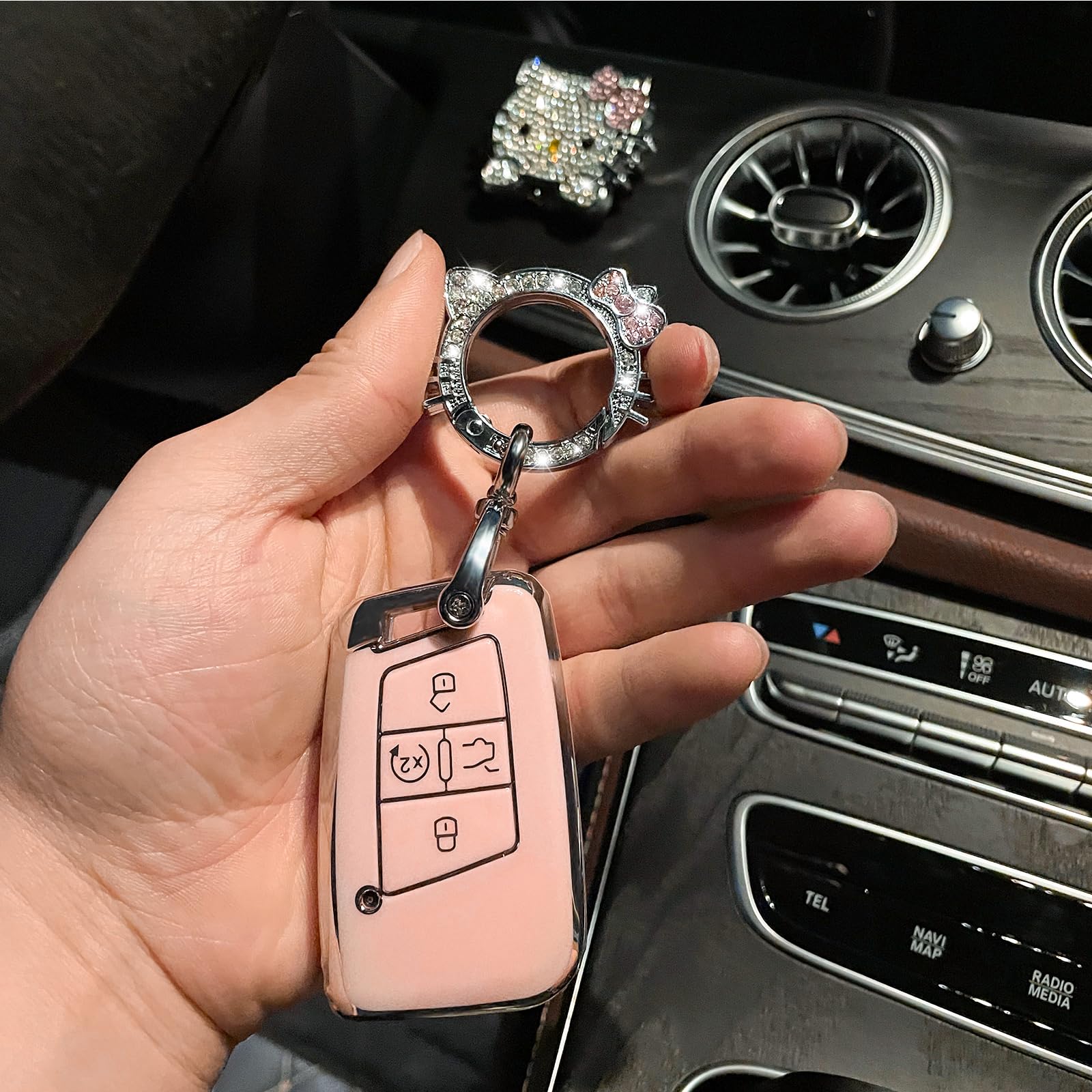 Pangpai Pink Car Accessories 3 Pcs For Vw Volkswagen Tiguan Atlas Jetta Passat Golf Alltrack Key Fob Cover With Bling Keychain C