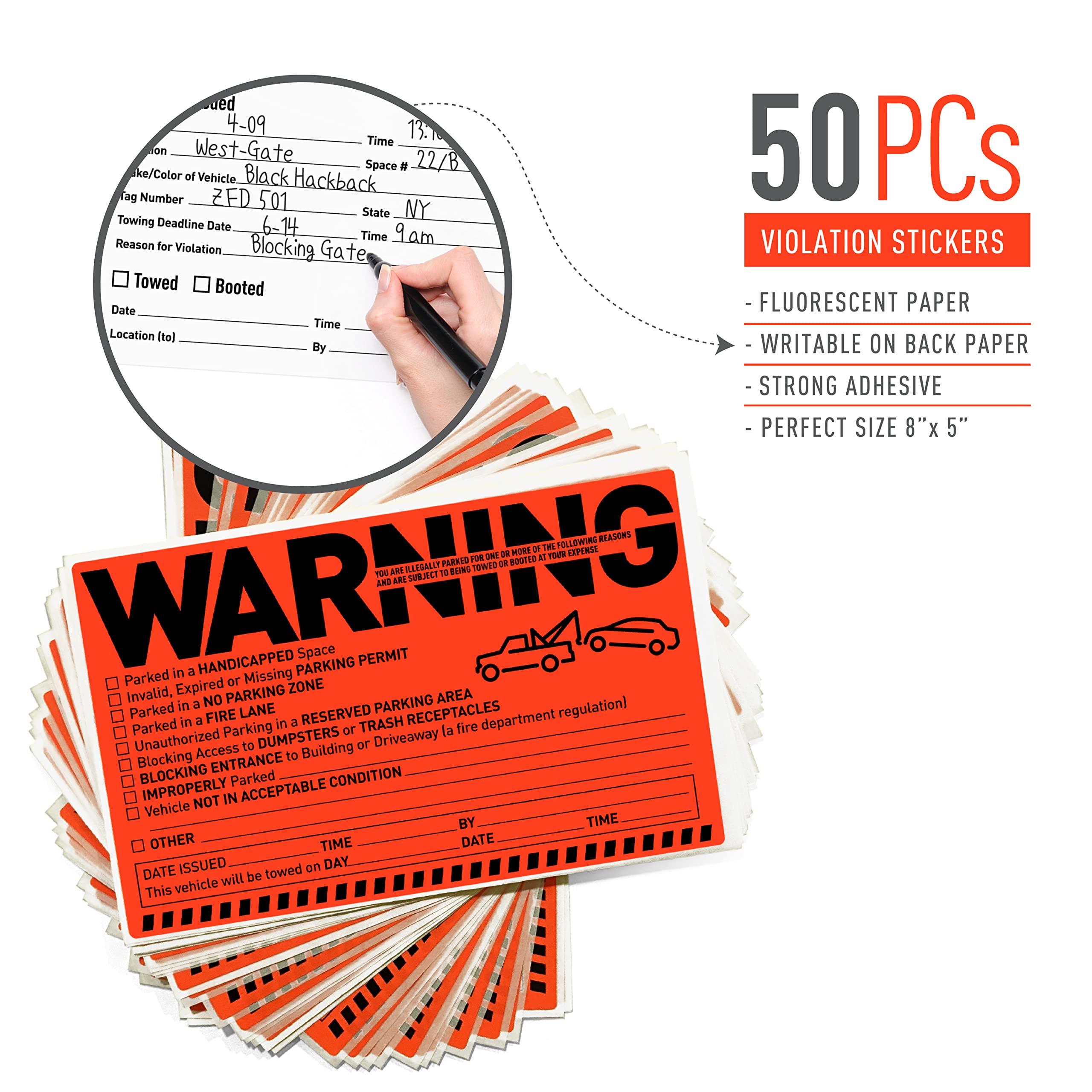 Easykart Labels Parking Violation Notice Stickers - 50 Fluorescent Orange Adhesive Labels for Cars, Model EKL/10/2022/15