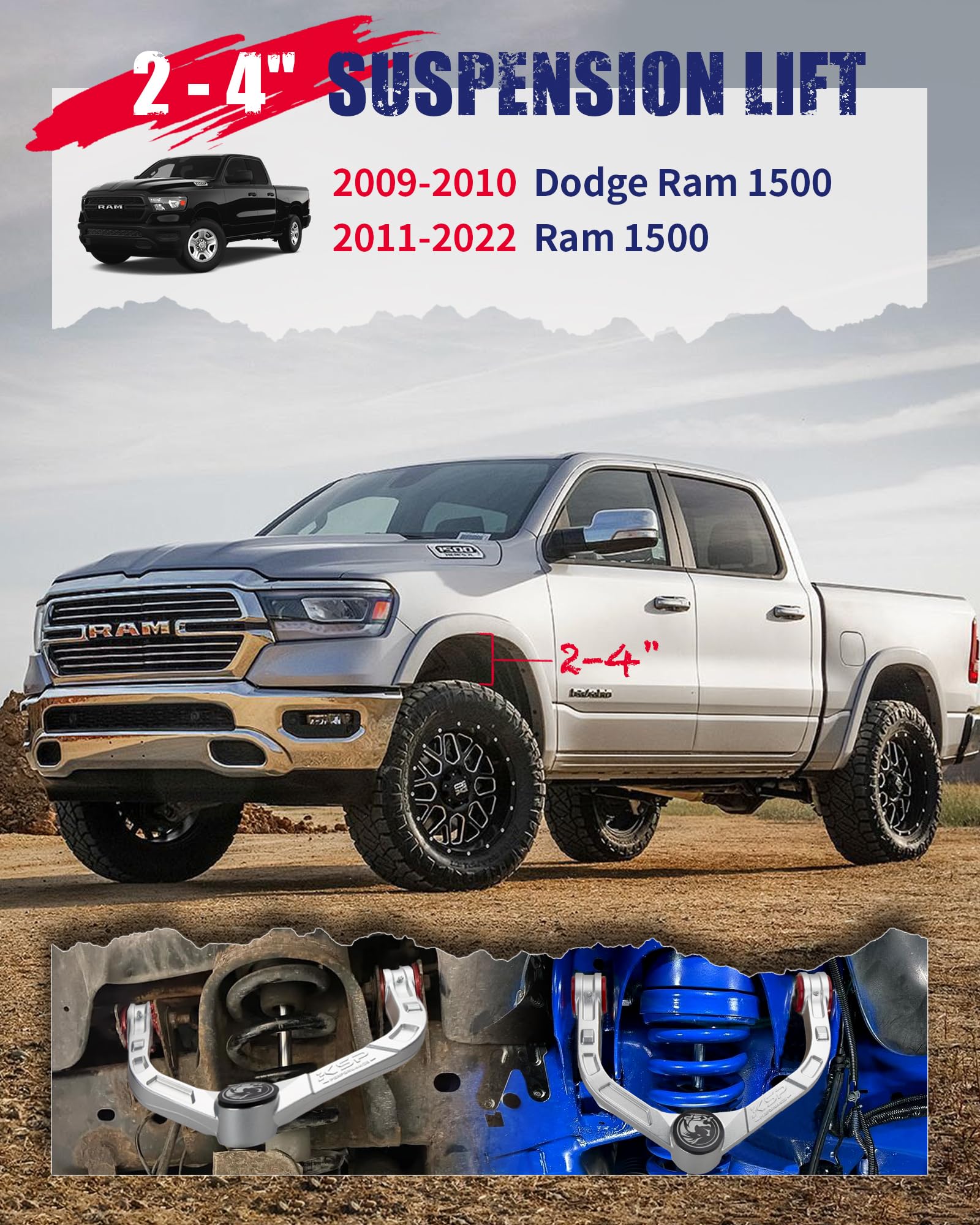 Ksp 2-4'' Ram 1500 Forged Upper Control Arms, Adjustable Aluminum Front Uca Fit Dodge Ram 1500 2009-2022, 2Pcs One-Piece Design