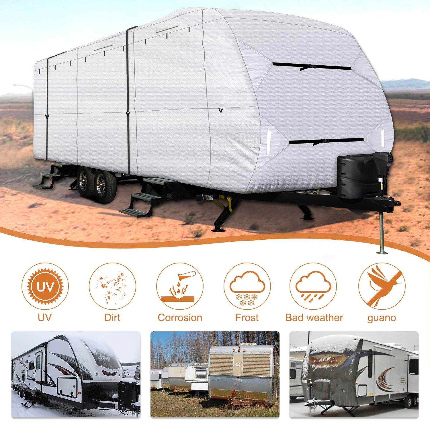 Leader Accessories 210D Travel Trailer RV Cover 20'-22' - Silver Polyester, Model 304009, Includes Adhesive Repair Patch
