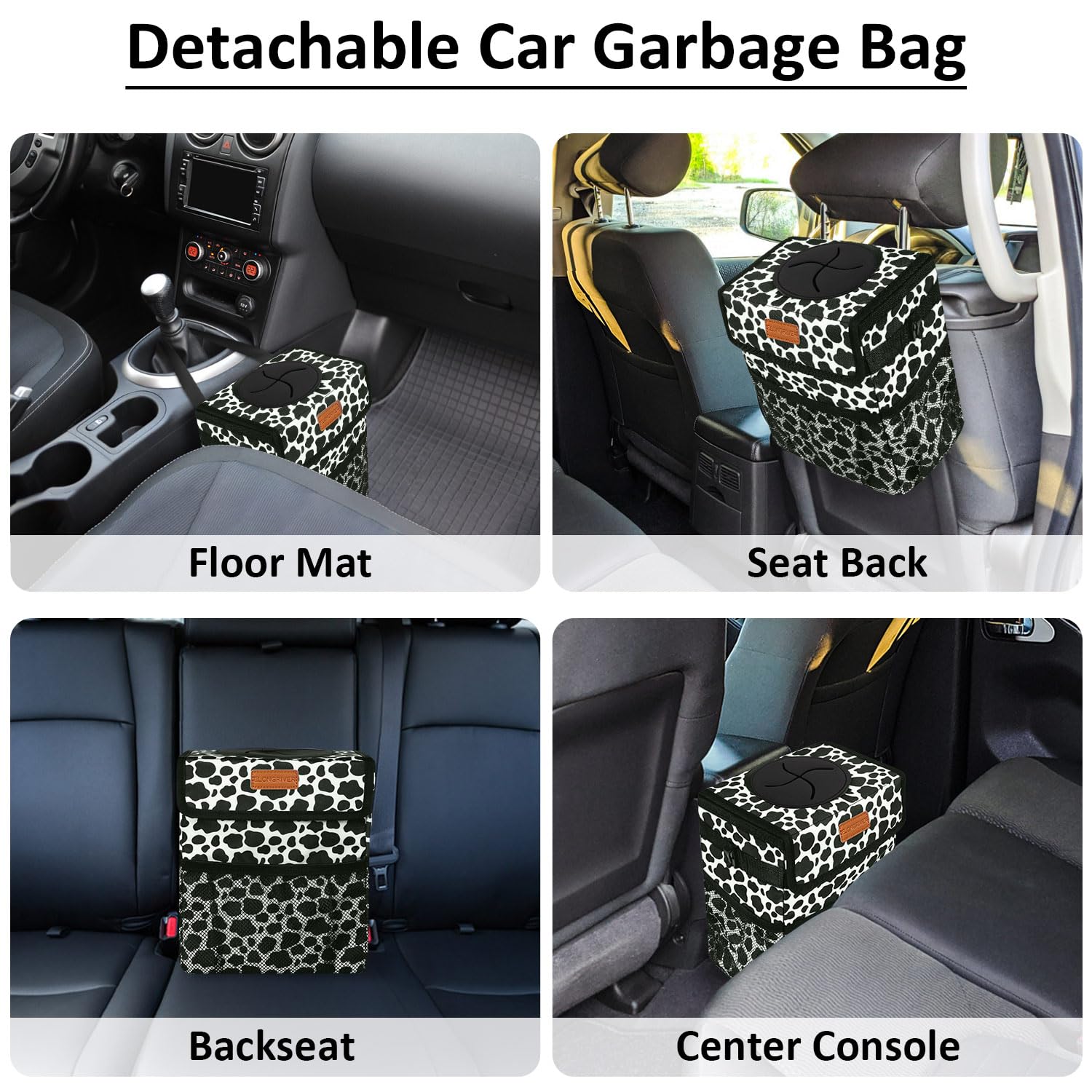 Elongriver Car Trash Can Bin For Car Back Seat Leak Proof, Cute Car Trash Bag Hanging, Vehicle Trash Can For Suv Truck Van, Automotive Car Garbage Cans Front Seat Cow Print