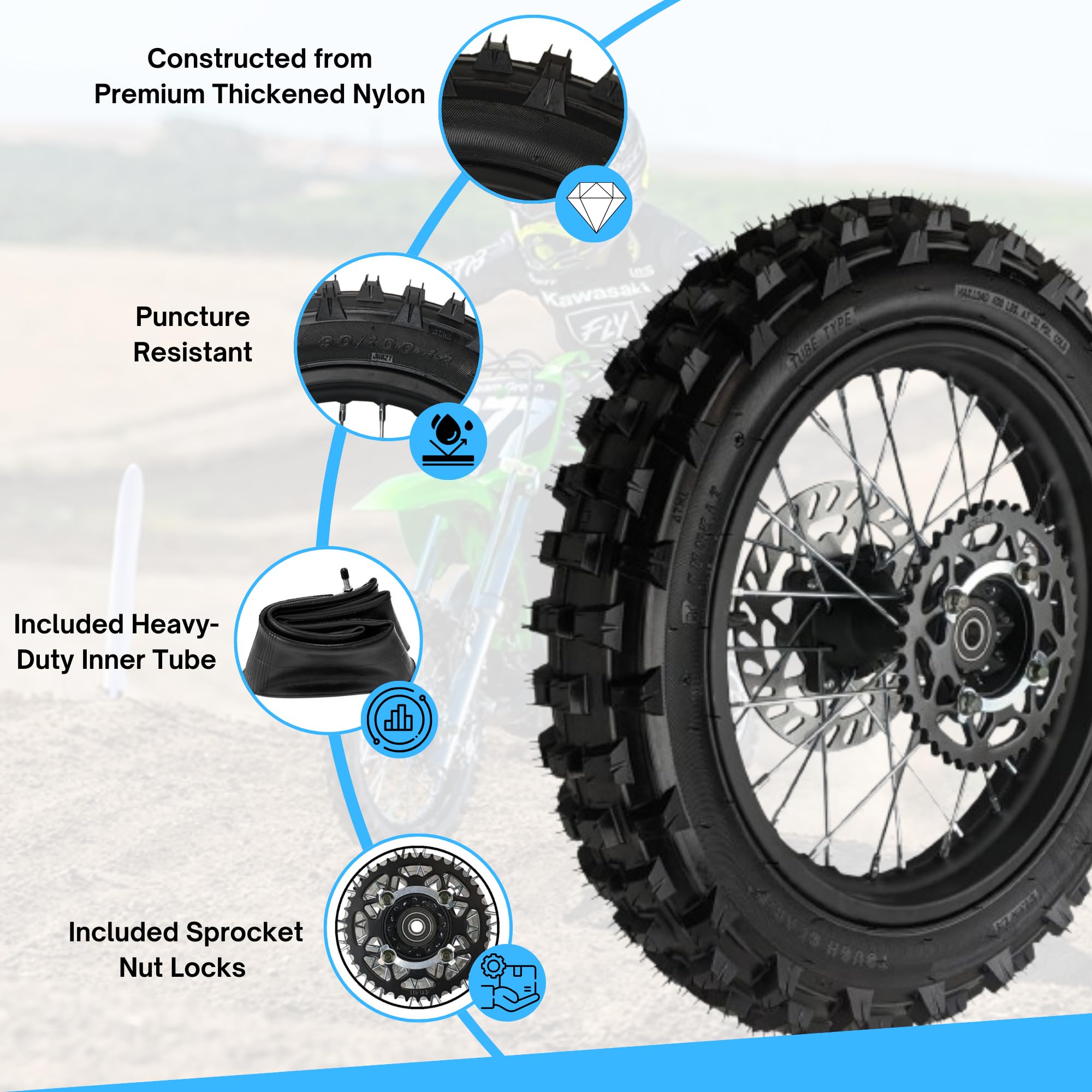 14'' Rear Wheel Rim Tire Assembly For Dirt Pit Bike Trail 90/100-14 Rear Wheel Rim Tire Fits 125/140/150/160cc Pit Dirt Bike KLX