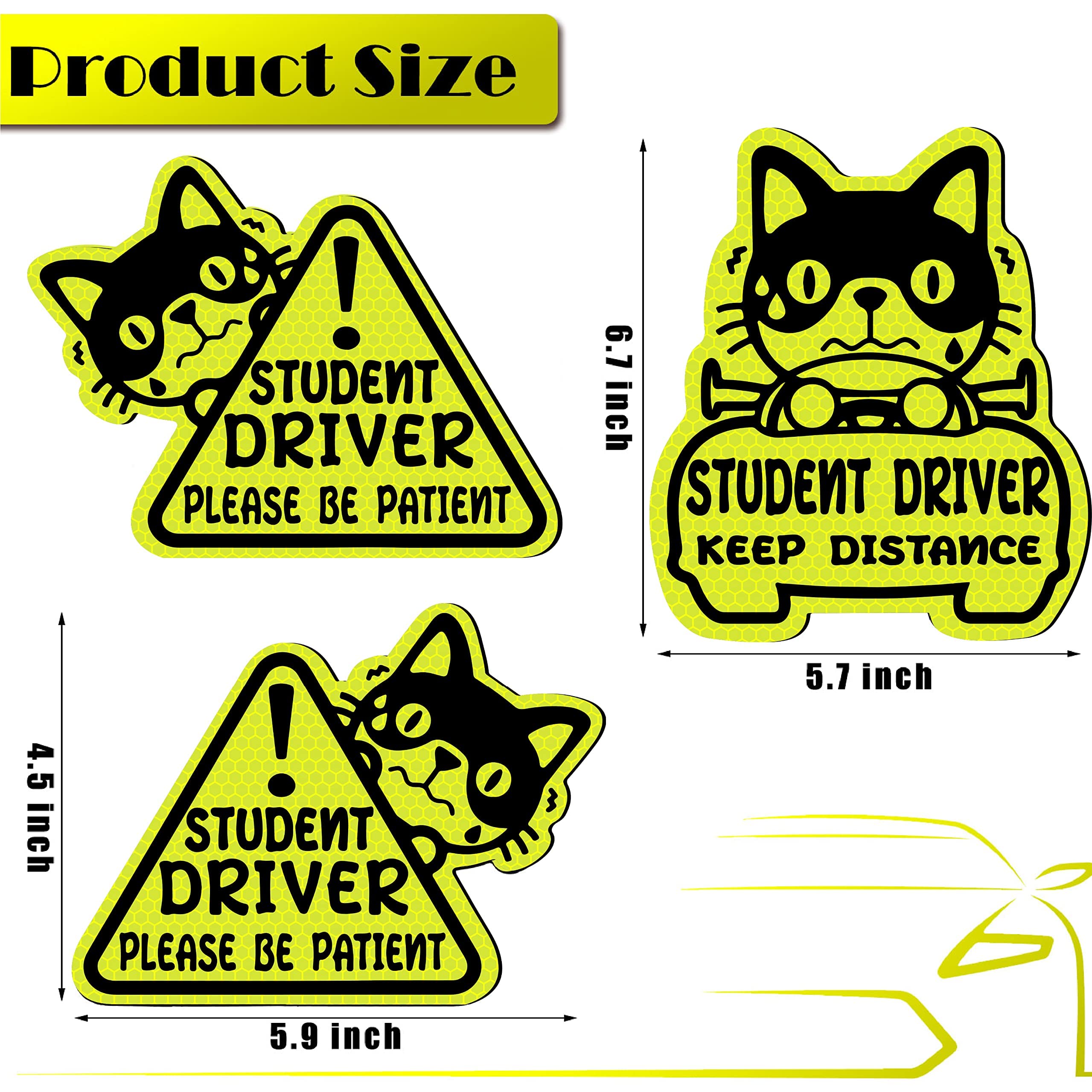 Tallew Set of 3 Reflective Student Driver Magnets - Classic Style Automotive Safety Decals, Keep Distance Sign for New Drivers