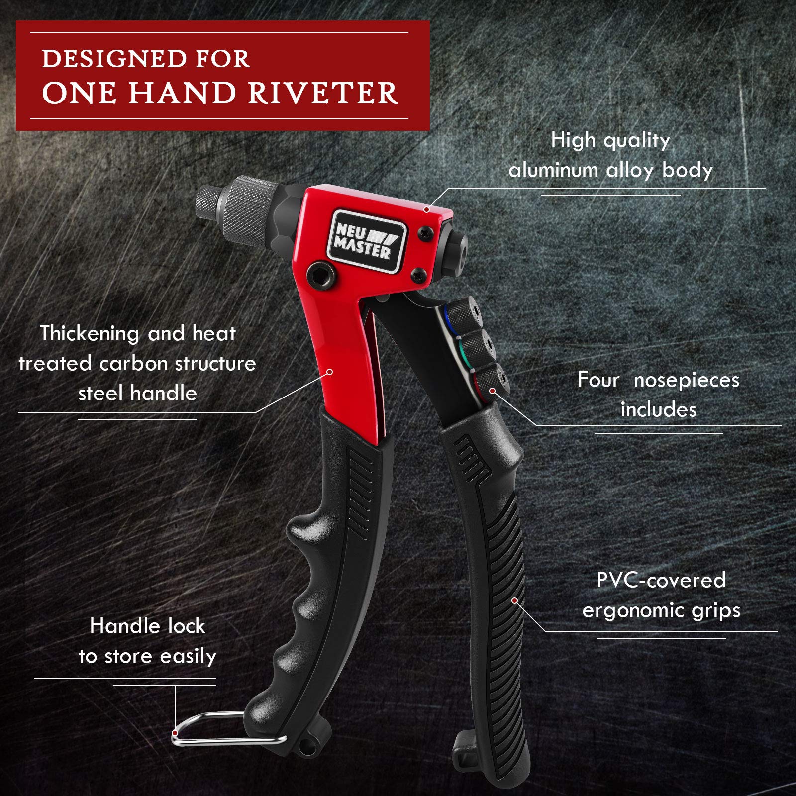 Neu Master Rivet Gun With 200Pcs Rivets, Manual Rivet Gun Kit With 4 Tool-Free Interchangeable Rivet Heads, Bmc Case, Heavy Duty Single Hand Riveter For Plastic, Metal, Leather