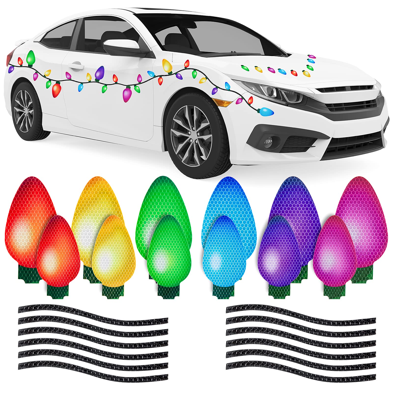 Whaline 49Pcs Christmas Reflective Car Magnets Set 36 Colorful Bulb Light Magnets With 13 Lines Refrigerator Garage Magnet Decals For Xmas Birthday Mailbox Window (Not For Aluminum Alloy Vehicle)