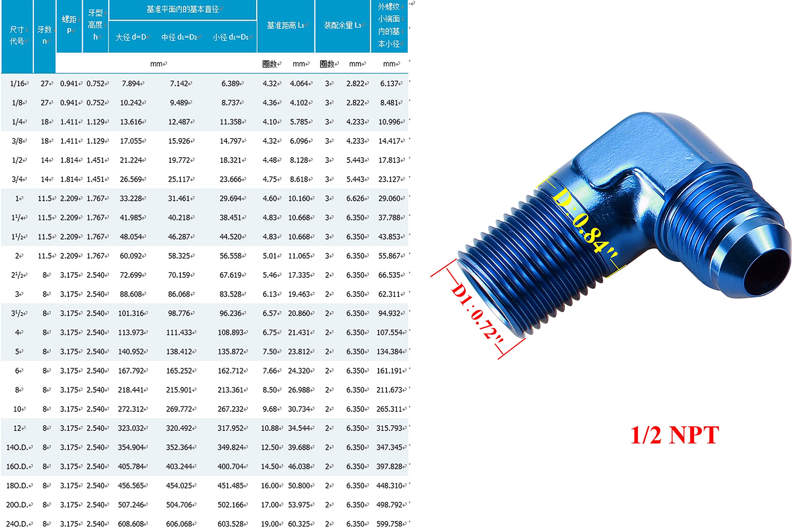 Ac Performance 90 Degree Elbow -10 An Male To 1/2'' Npt Male Fitting Adapter Connector Aluminum Blue