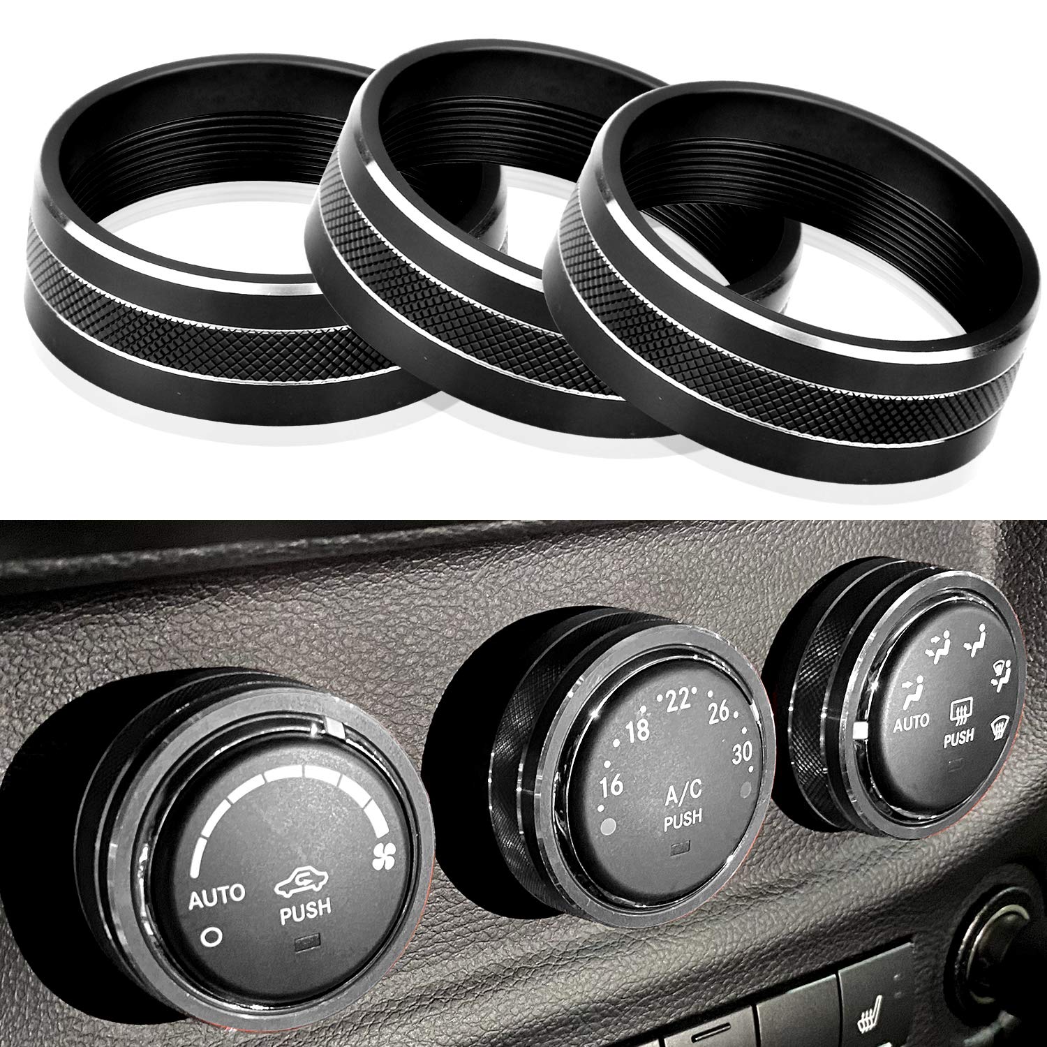 Ac Climate Control Knob Ring Air Conditioner Switch Volume Cover Compatible With 2011-2017 Jeep Wrangler Jk Jku/Dodge Challenger 2008-2014 Interior Conditioning Accessories Trim (Black)