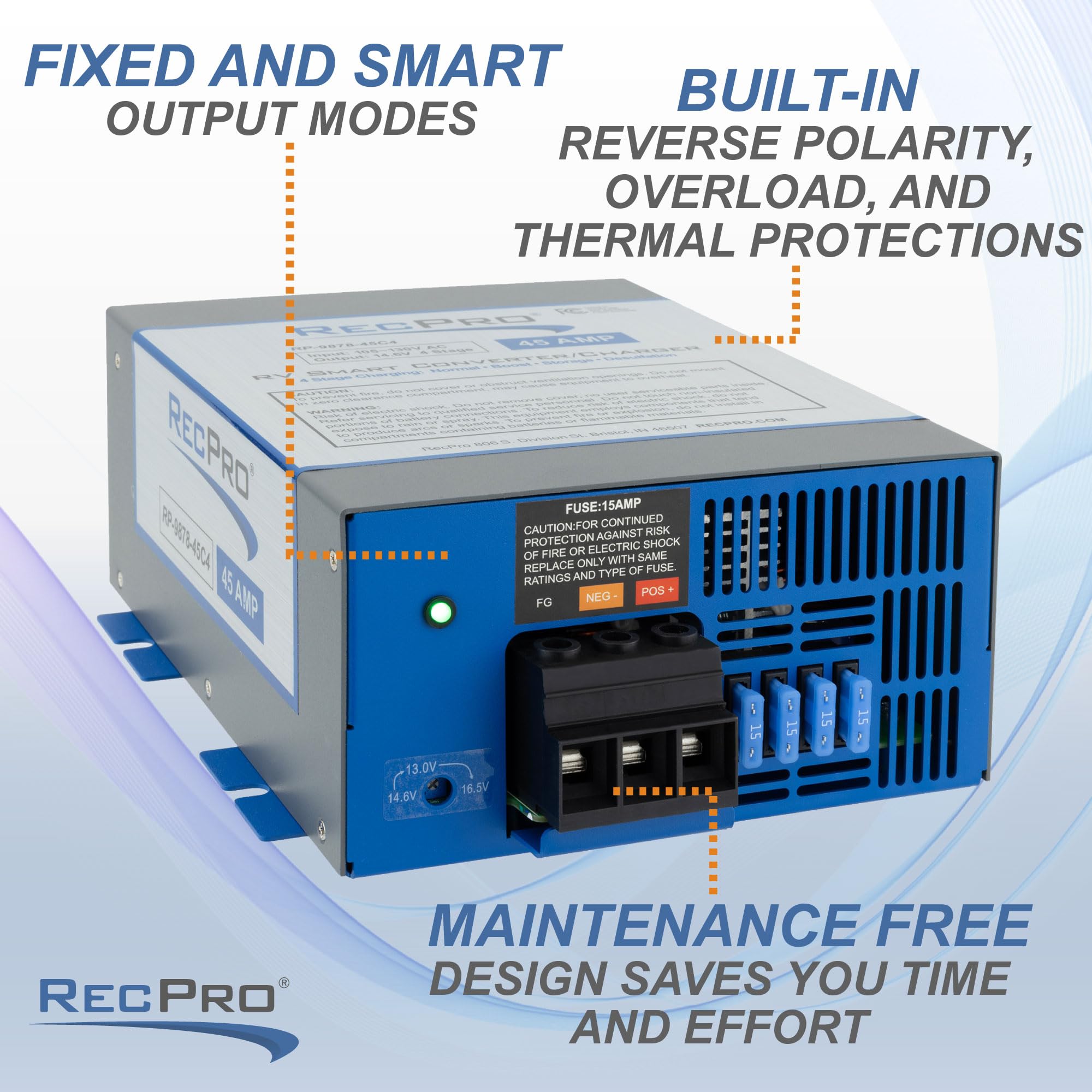 Recpro Rv Converter 45 Amp | Rv Power Converter & Battery Charger | 4 Stage Smart Charging | 120Vac To 12Vdc | 13V To 16.5V Oper