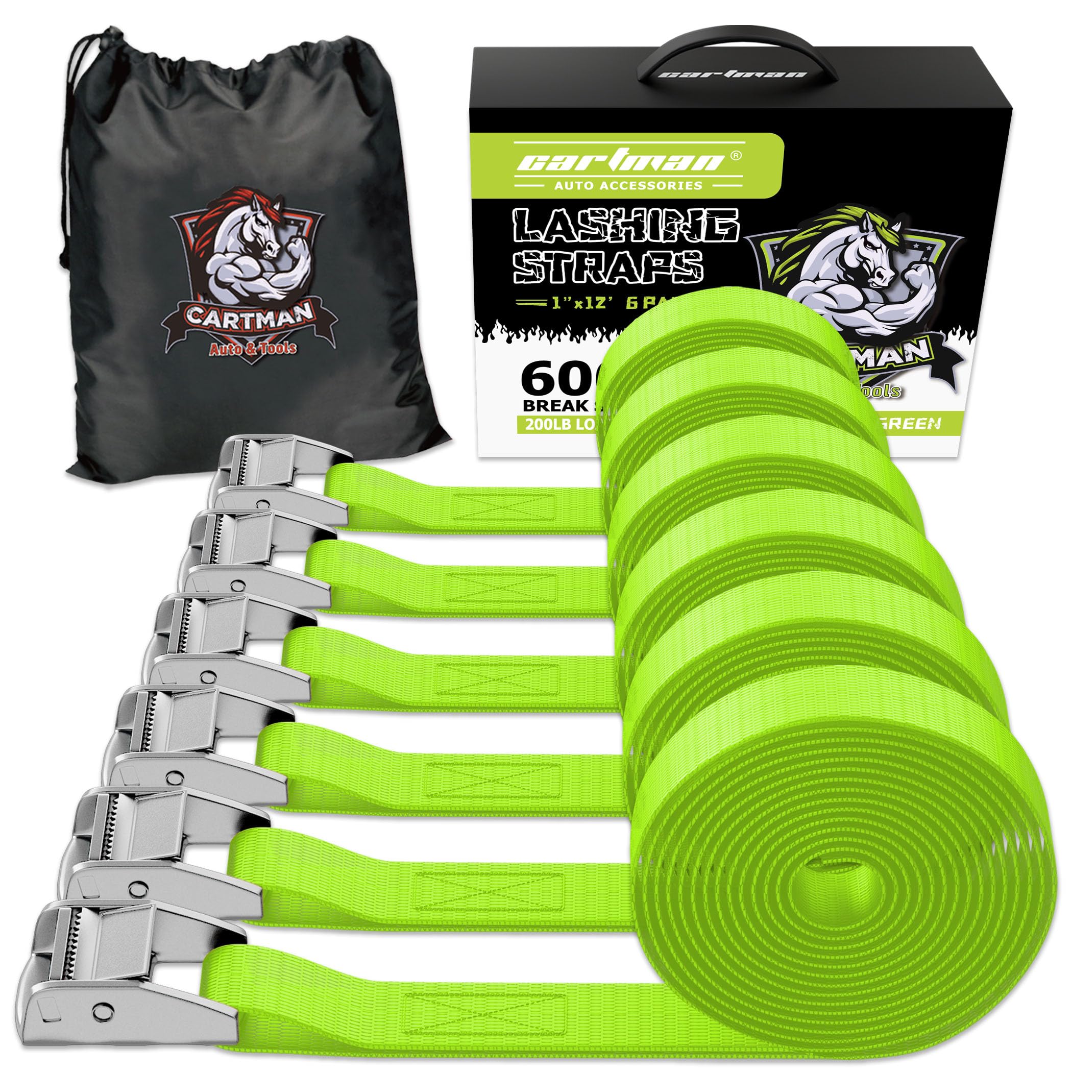Cartman 1'' X 12'Lashing Straps Cargo Tie-Down Strap Up To 600Lbs, 6Pk In Carry Bag, Green