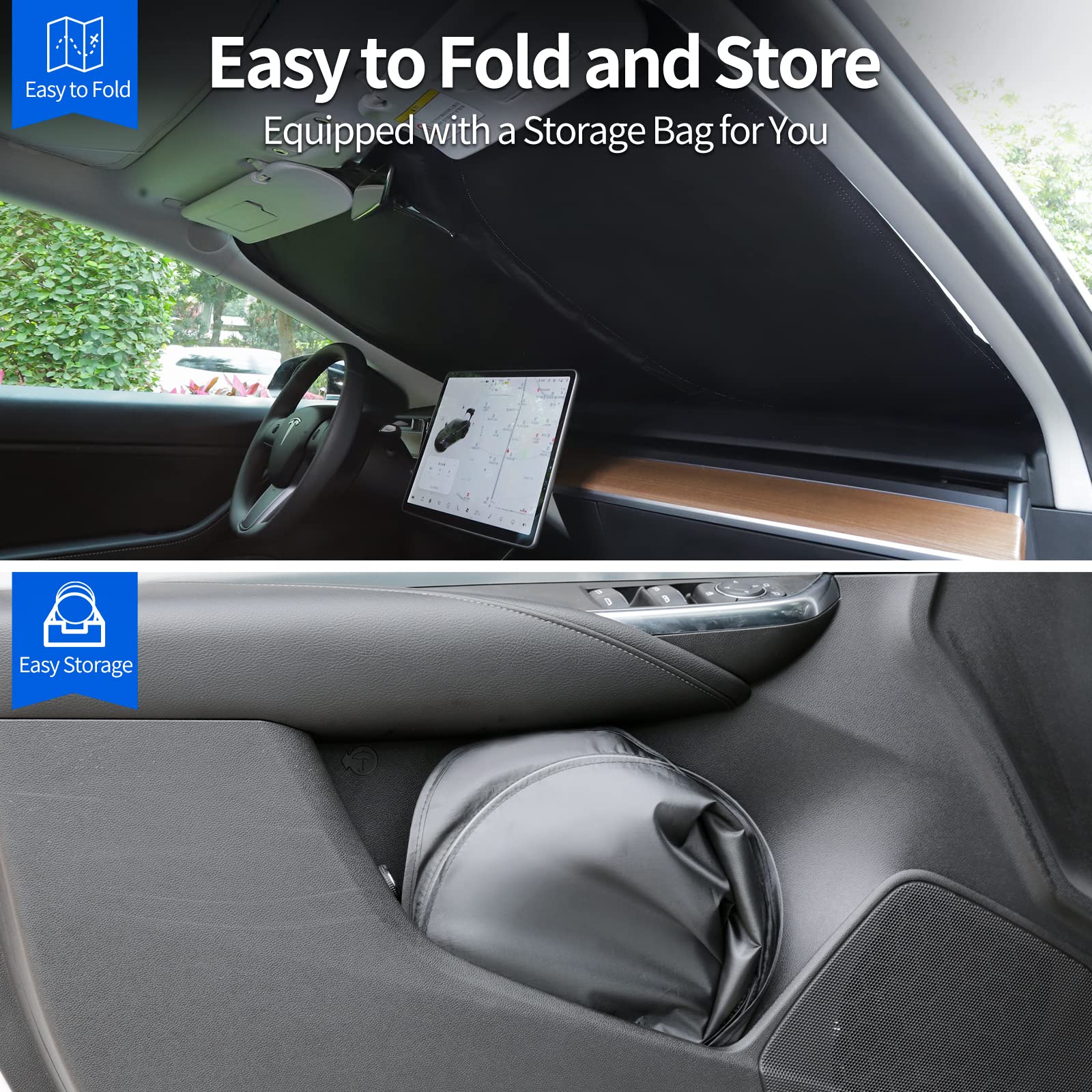 Upgraded Sunshade for Tesla Model 3/Y Windshield, Improved UV Protection Fabric, Metal Frame, Full-Size Foldable Front Sun Shade